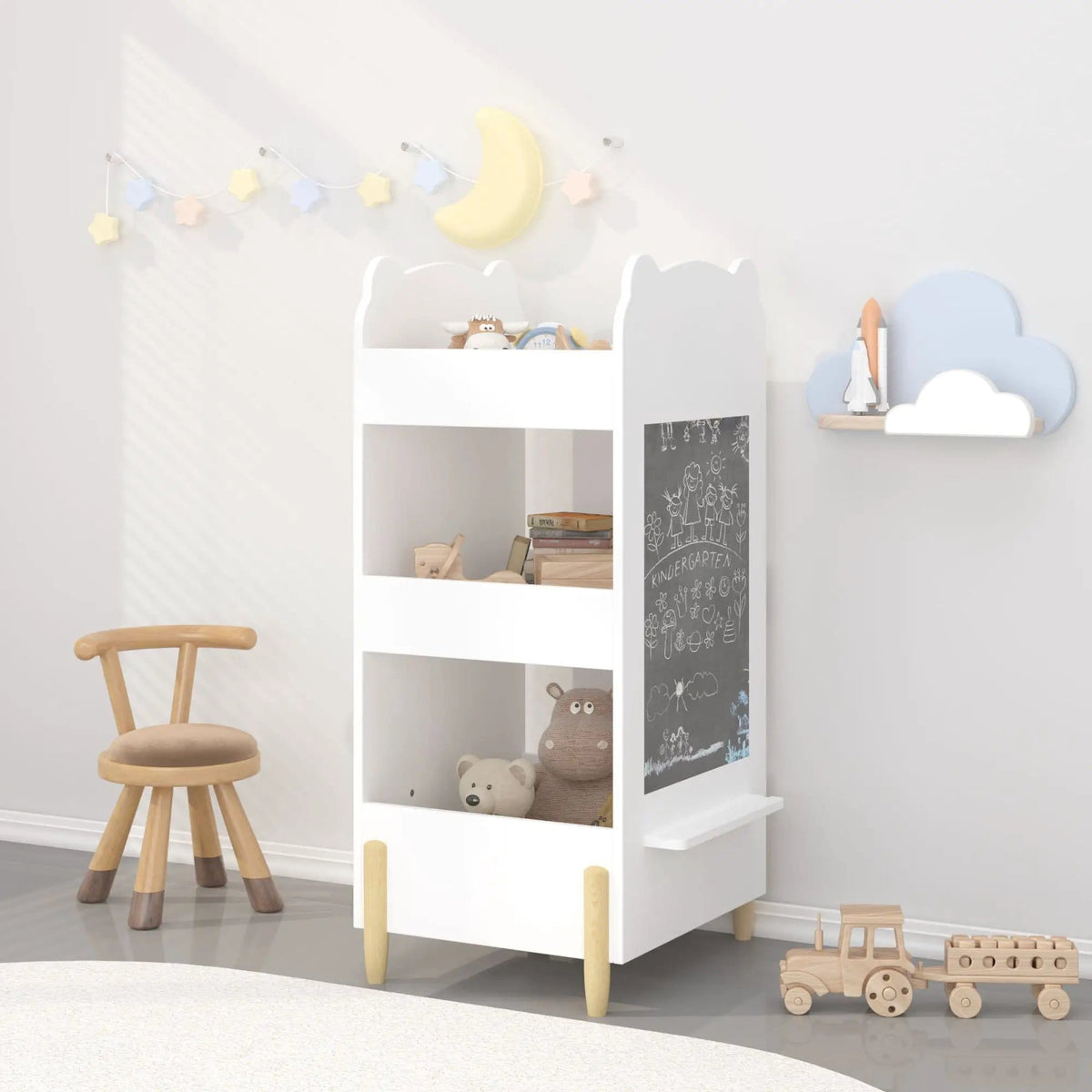 Bear Shaped Bookshelf With Chalkboard Side, 3 Tier Storage Organizer For Playroom | 16.14 x 16.93 x 33.86 in | Wood | White