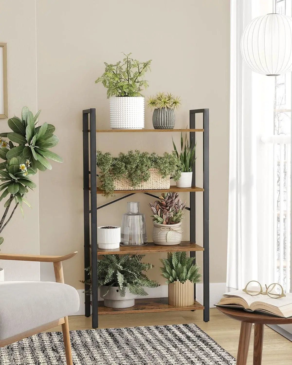 Four Tier Bookshelf Rustic Brown Steel Frame 47 Inches High from PriceLows™