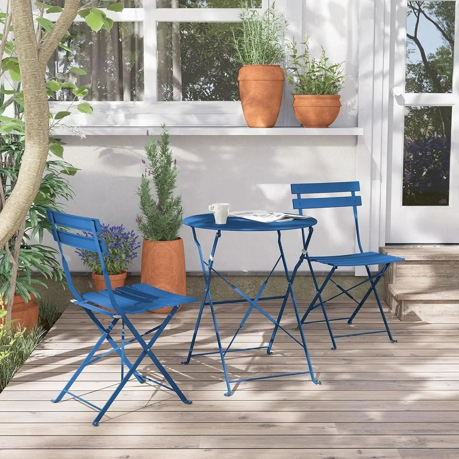 Peacock Blue Folding Patio Bistro Set 3 Piece Outdoor from PriceLows™
