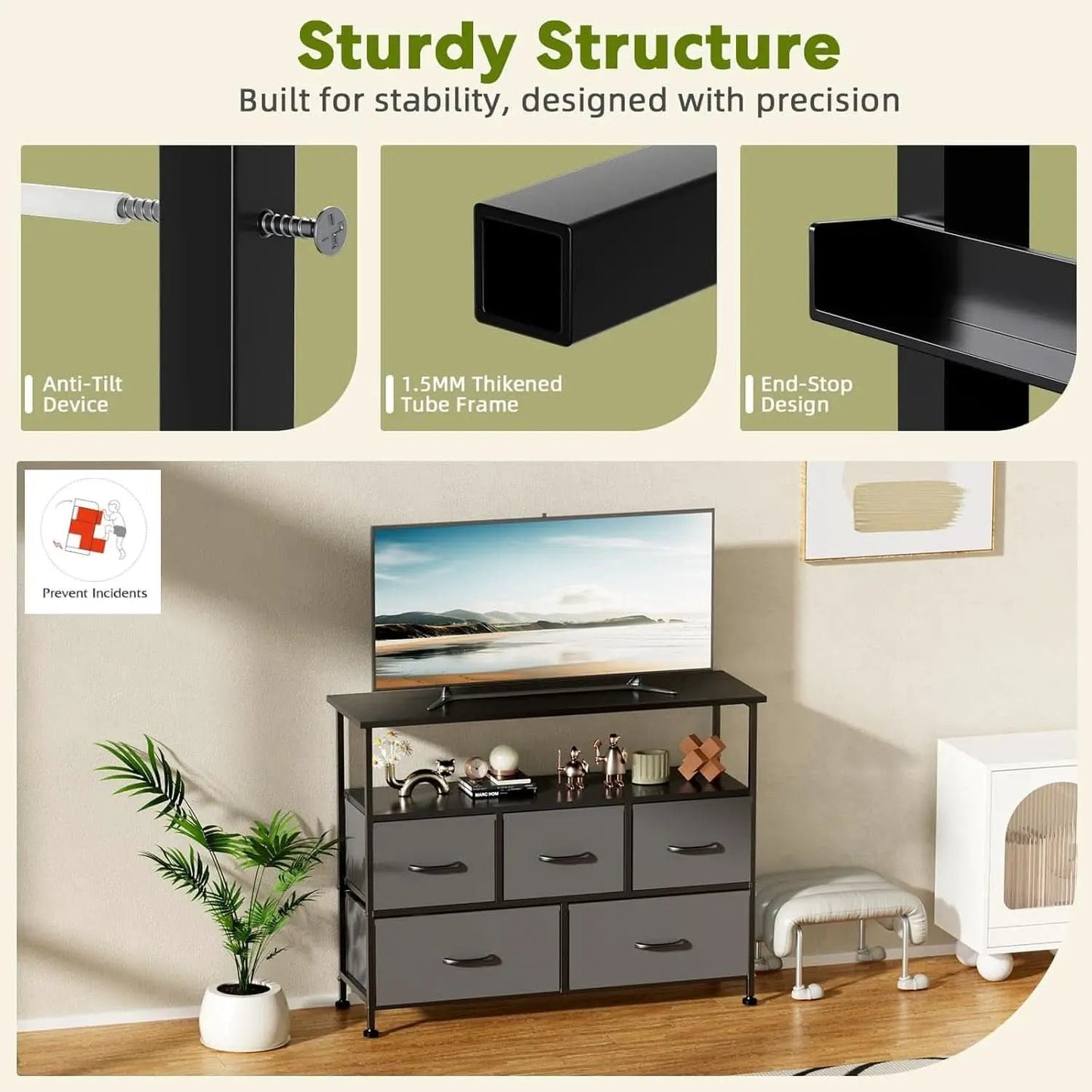 Gray TV Stand With Fabric Drawers And Wood Top 45 Inch from PriceLows™