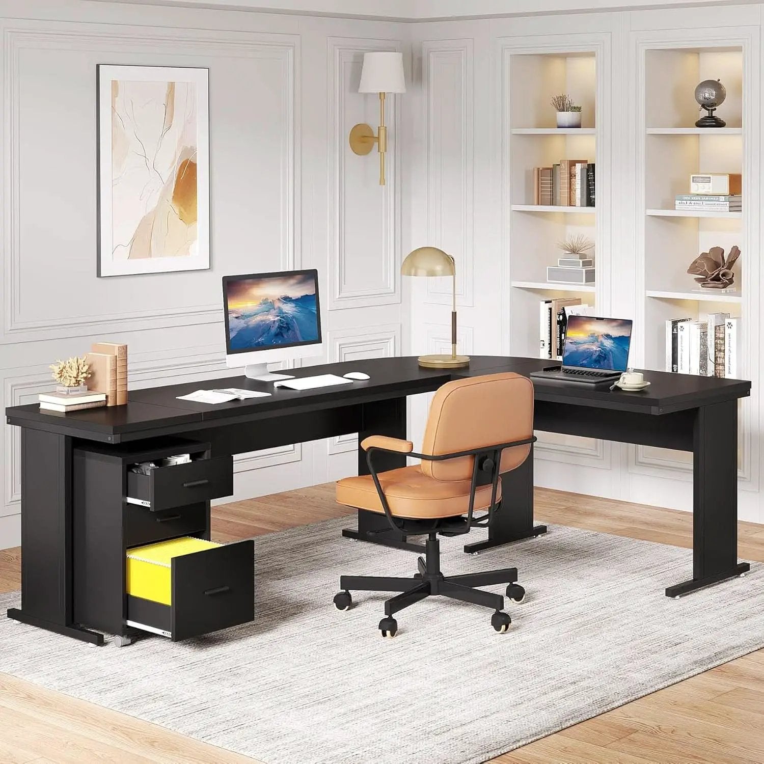 83 Inch L Shaped Executive Desk With 3 Drawer Cabinet from PriceLows™