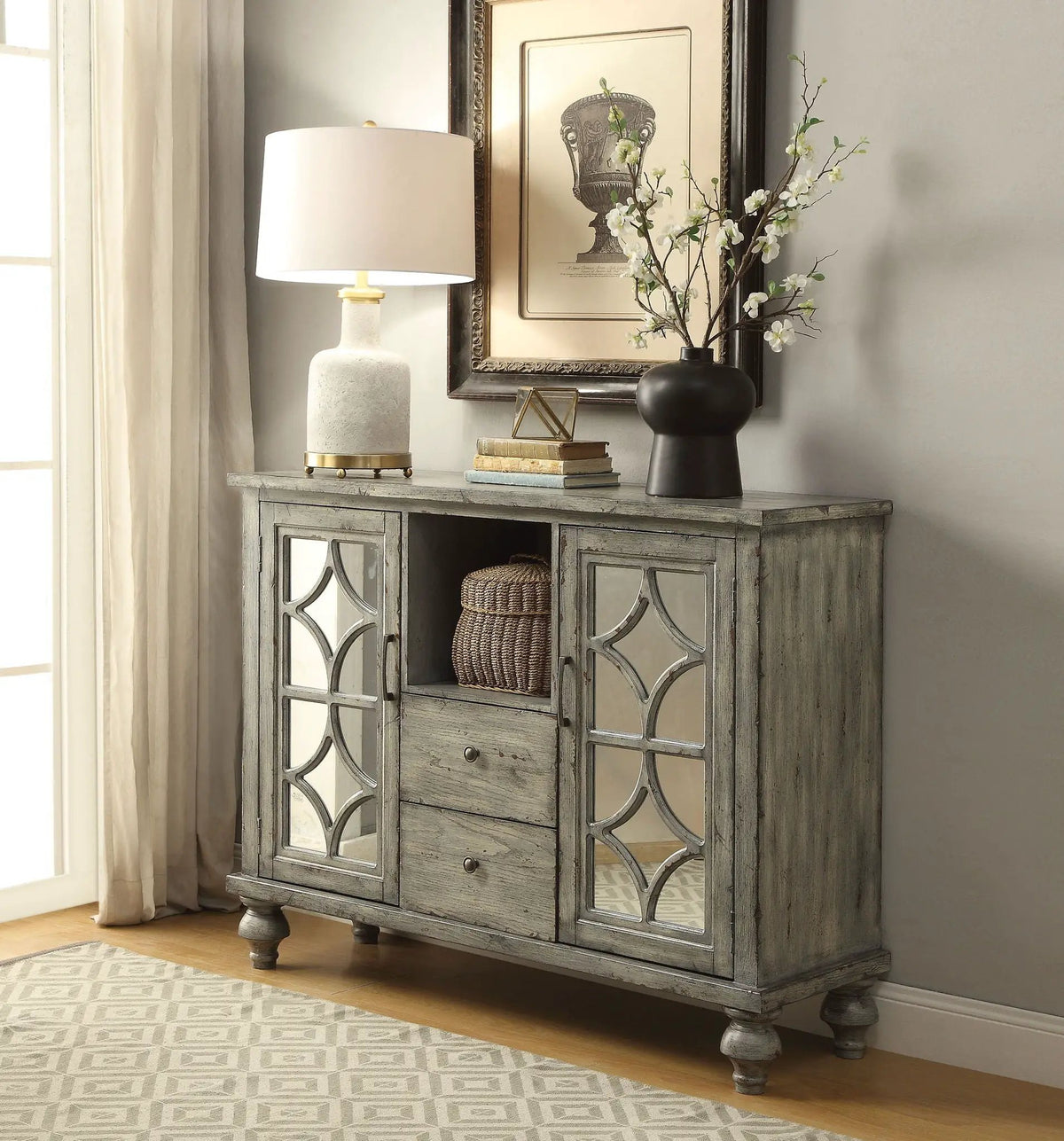 Velika Weathered Console Table | Gray Finish | Open Compartment Storage | Two Doors