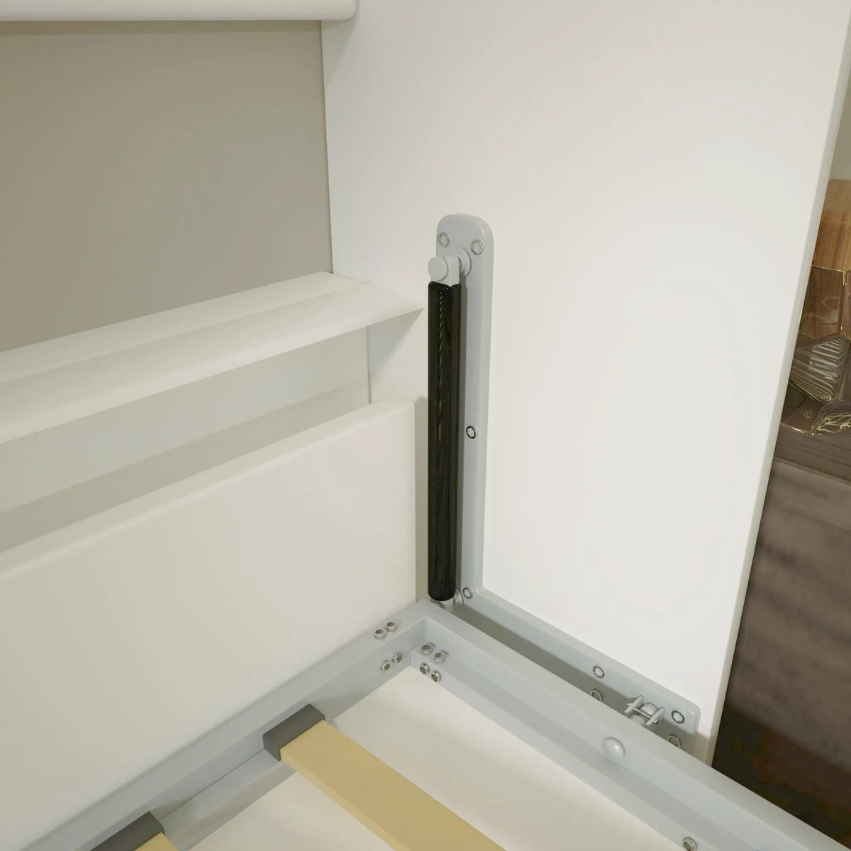 Twin Size Horizontal Murphy Bed | Gas Struts | White | Double Layer Shelf