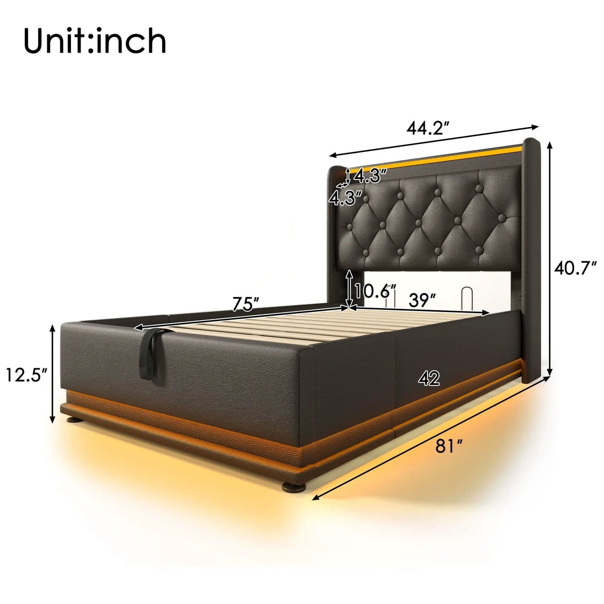 Upholstered Bed, 360 Surround LED Function, Remote Control, Hydraulic Storage Bed | 8 Pieces | Fabric & Iron | Bedroom