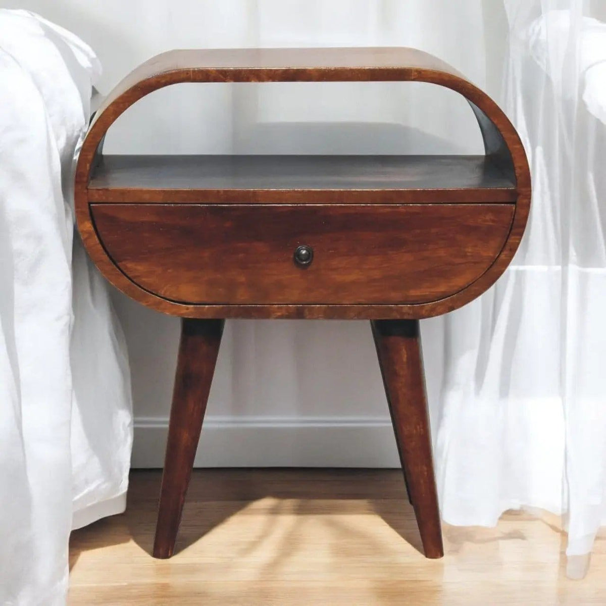Large Chestnut Circular Bedside Accent Nightstand | 2 Pieces | Mango Wood | Bedroom