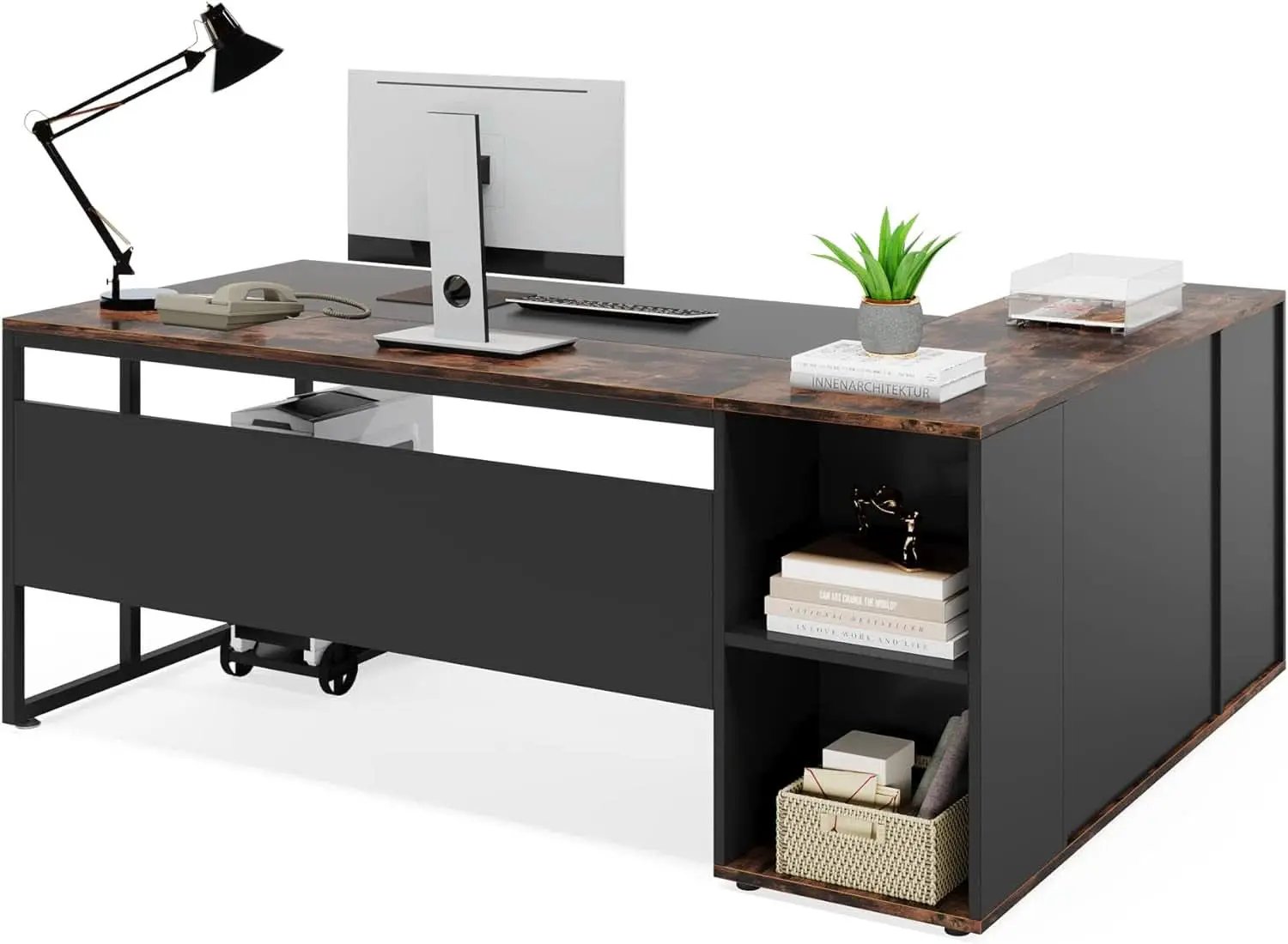 71 Inch L Shaped Executive Desk Brown And Black Office from PriceLows™
