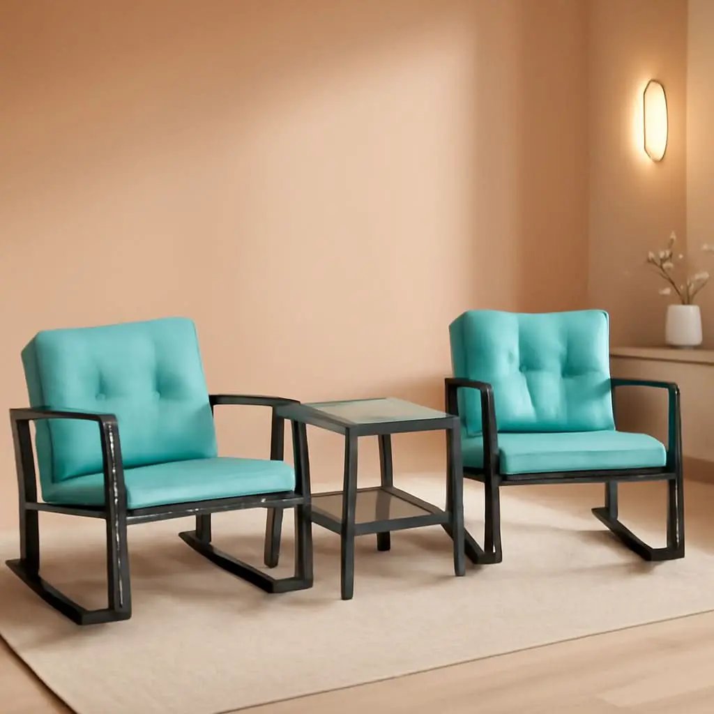 Outdoor Rattan Rockers Set With Glass Table Blue Cushions from PriceLows™