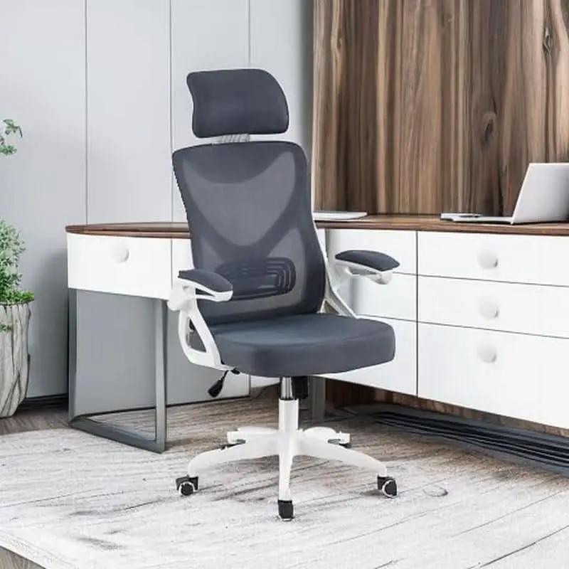 Ergonomic Mesh Office Chair White Gray With Flip Up Armrests from PriceLows™