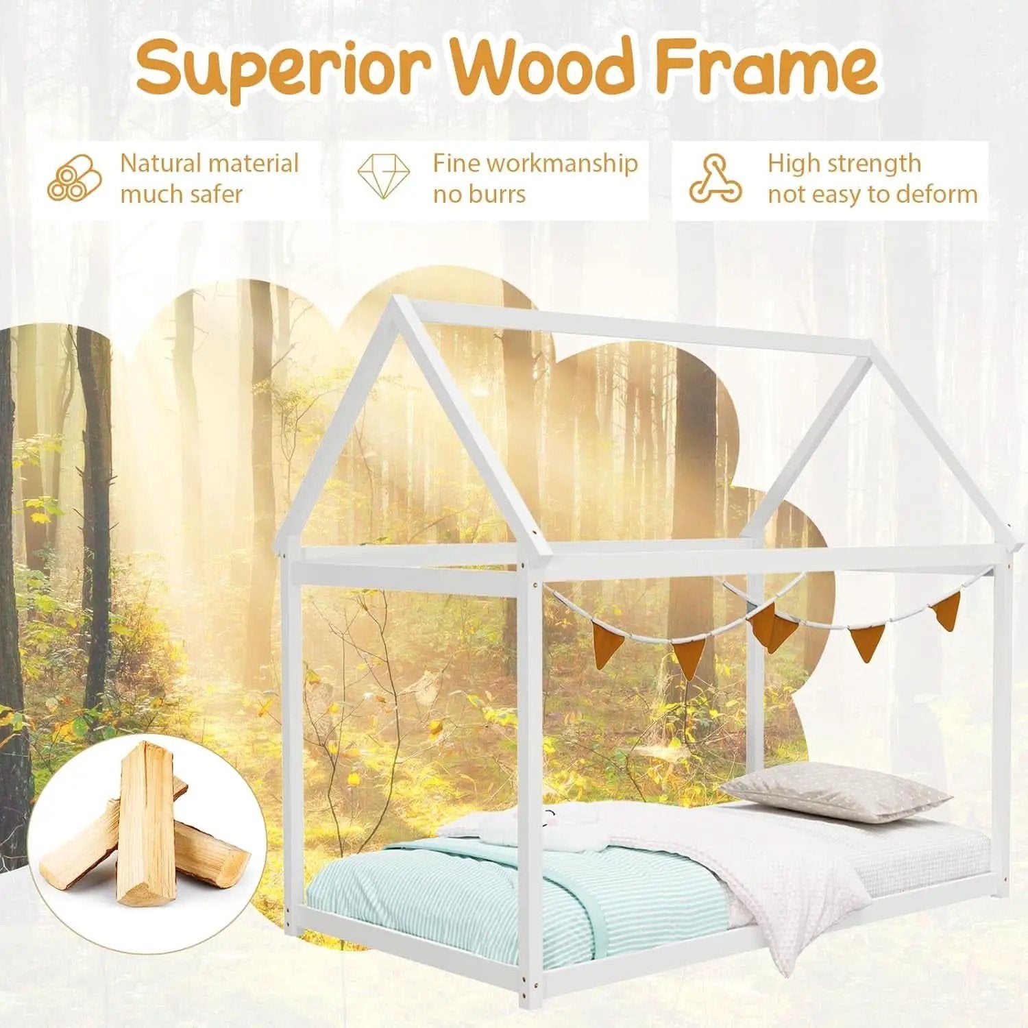 Twin House Bed Frame With Roof Canopy Montessori For Kids from PriceLows™