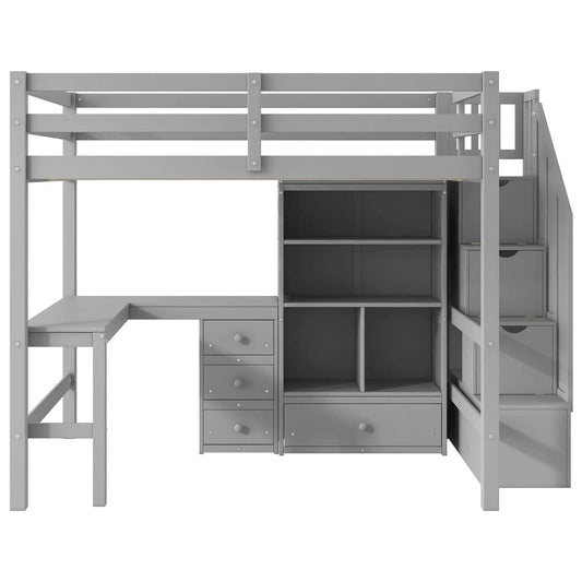 Loft Bed With L-Shaped Desk | Three Drawers | Cabinet | Storage Staircase