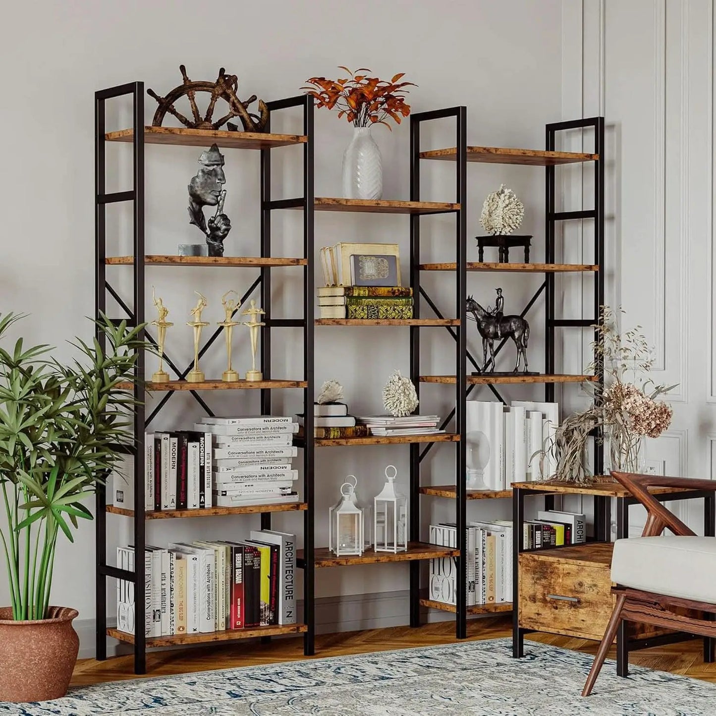 Triple Wide 5 Tier Industrial Bookshelf Matte Black from PriceLows™