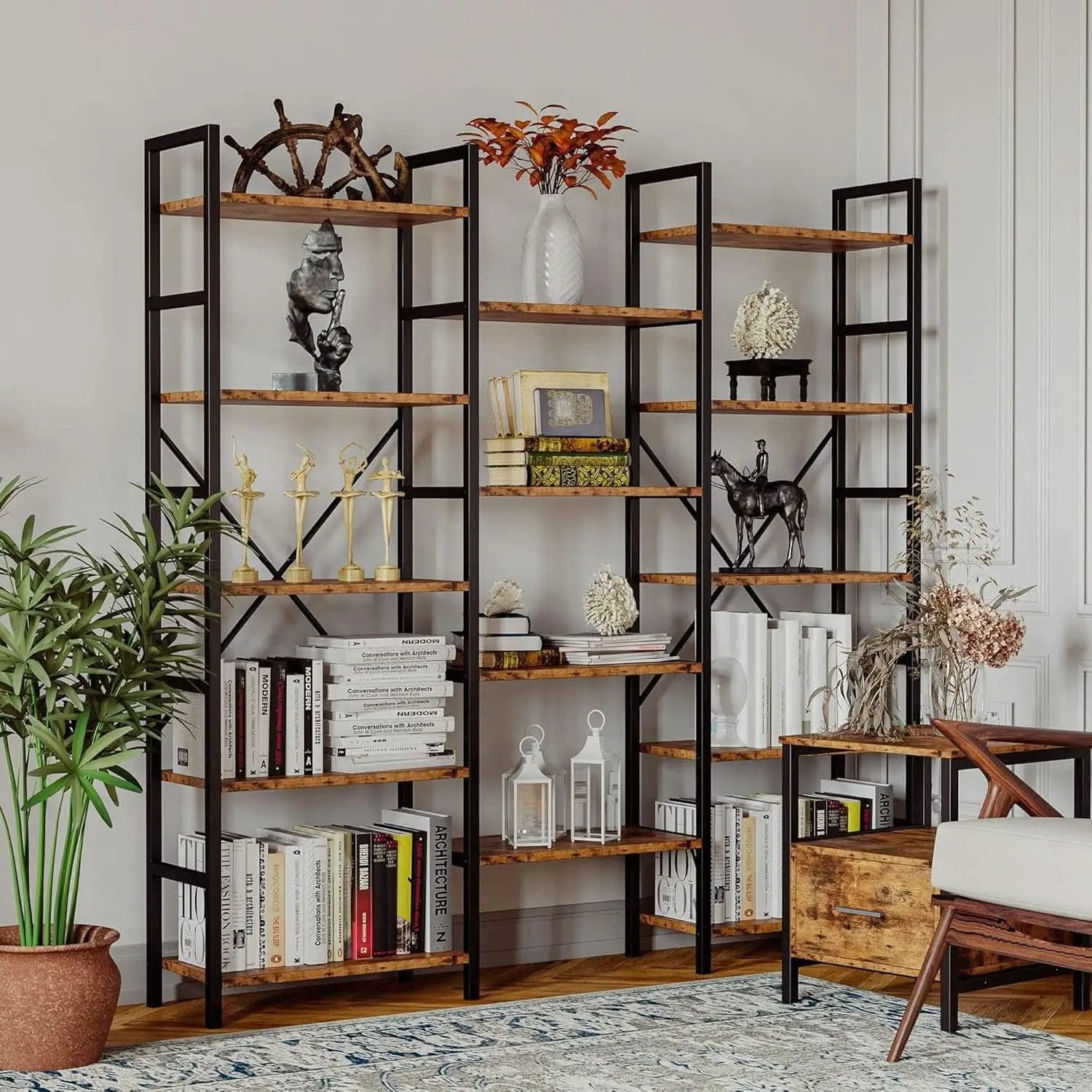Triple Wide 5 Tier Industrial Bookshelf Matte Black from PriceLows™