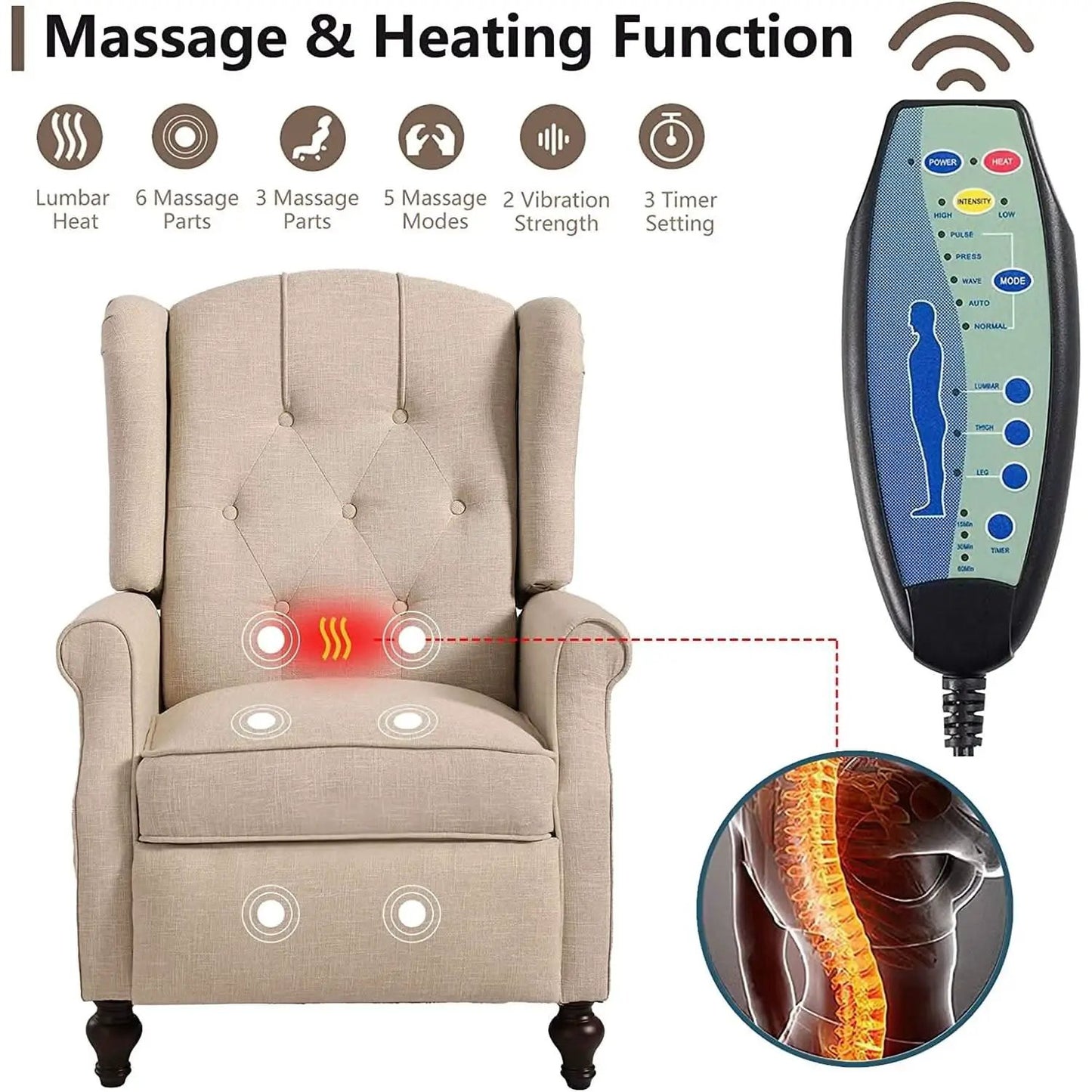 Wingback Recliner Chair With Massage And Heat For Living Room from PriceLows™