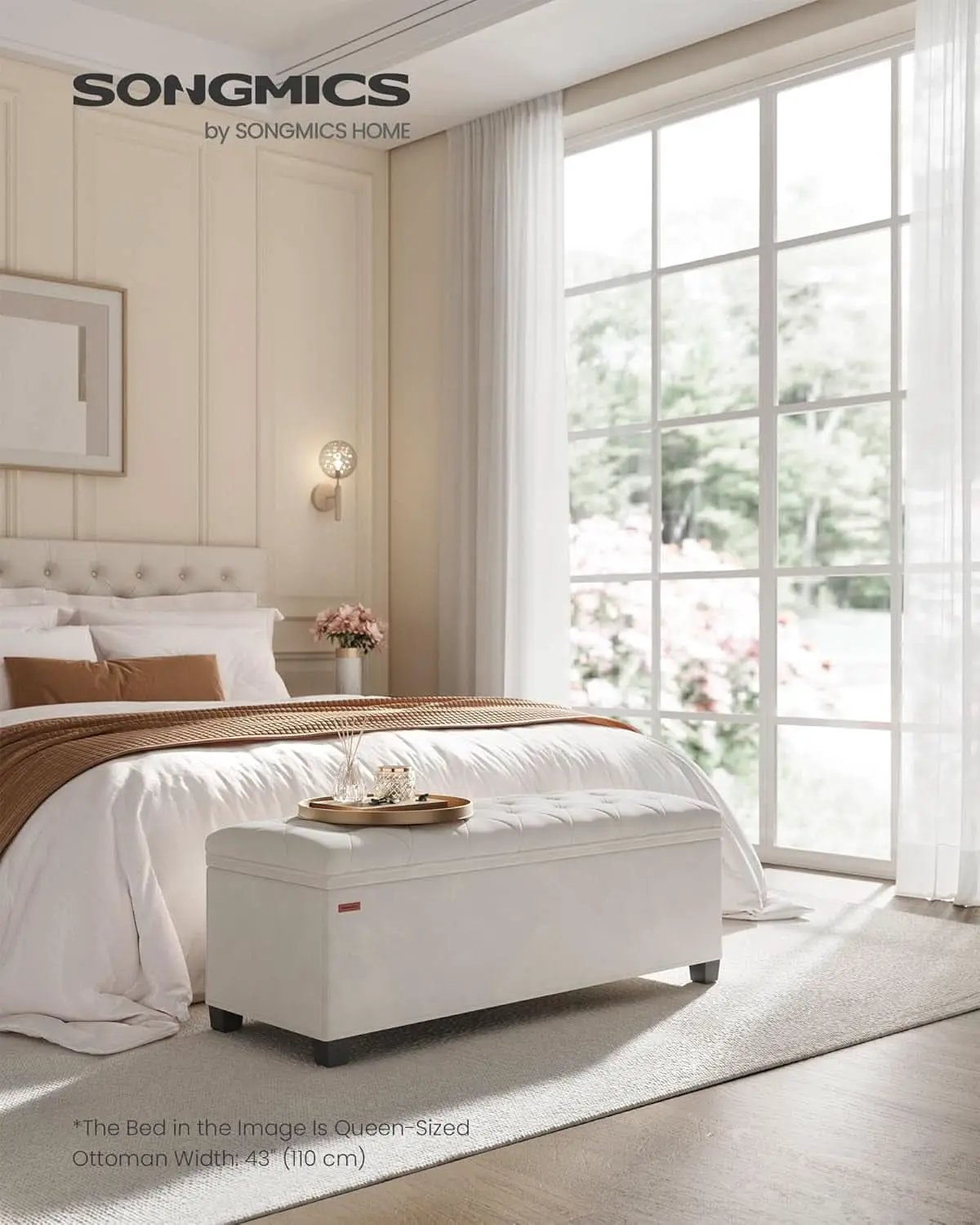 Cream Velvet Textured Storage Ottoman Bench 43Inch from PriceLows™