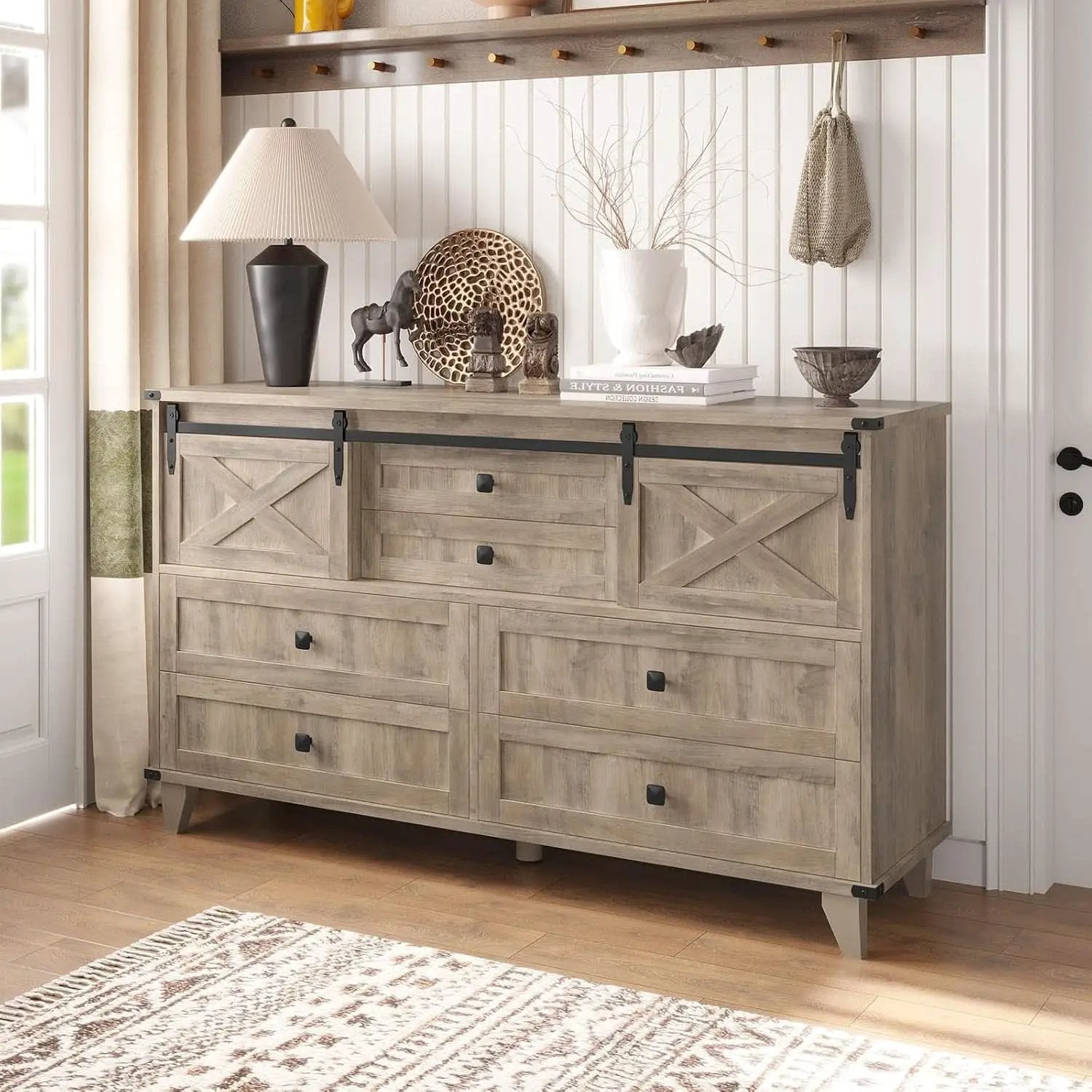 Six Drawer Dresser Rustic Oakwood Sliding BarnDoor from PriceLows™