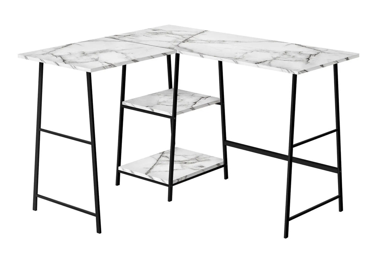 Marble Look L-Shaped Corner Desk | 47.25 Inch Width | 2 Open Shelves | Sawhorse Metal Legs