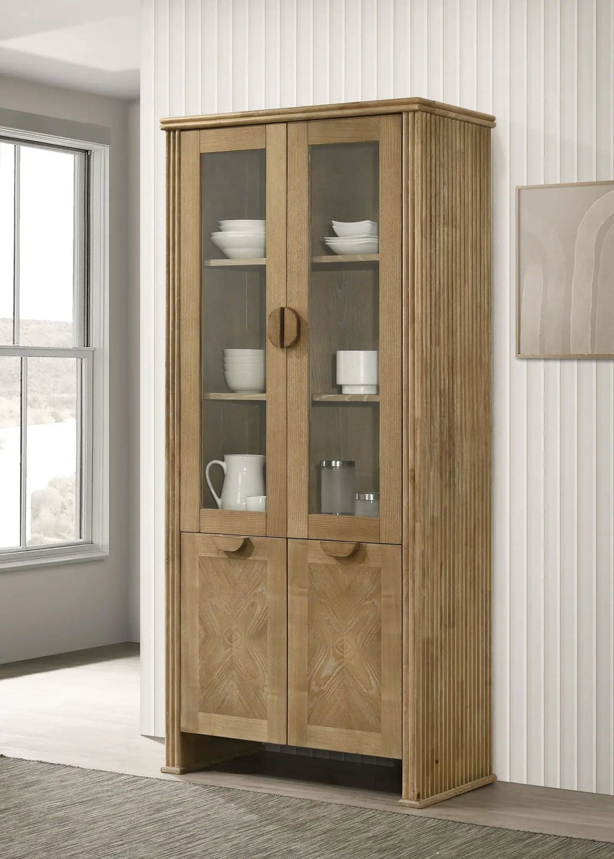 Adina 77-inch Tall Display Cabinet Distressed Light | 35 x 17.75 x 76.5 in | Rubberwood & Engineered Wood | Brown