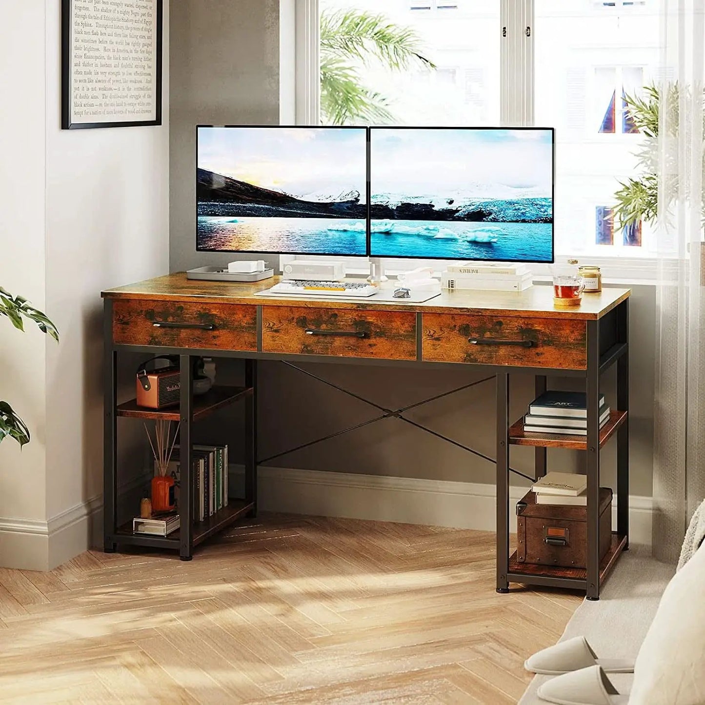 Vintage Writing Desk With Three Fabric Drawers For Office from PriceLows™