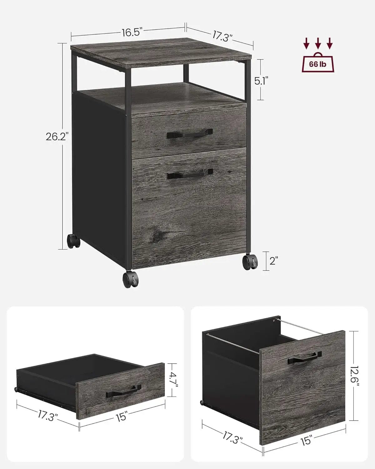 Mobile File Cabinet With Wheels 2 Drawers Open Shelf Charcoal Gray And Ink Black from PriceLows™