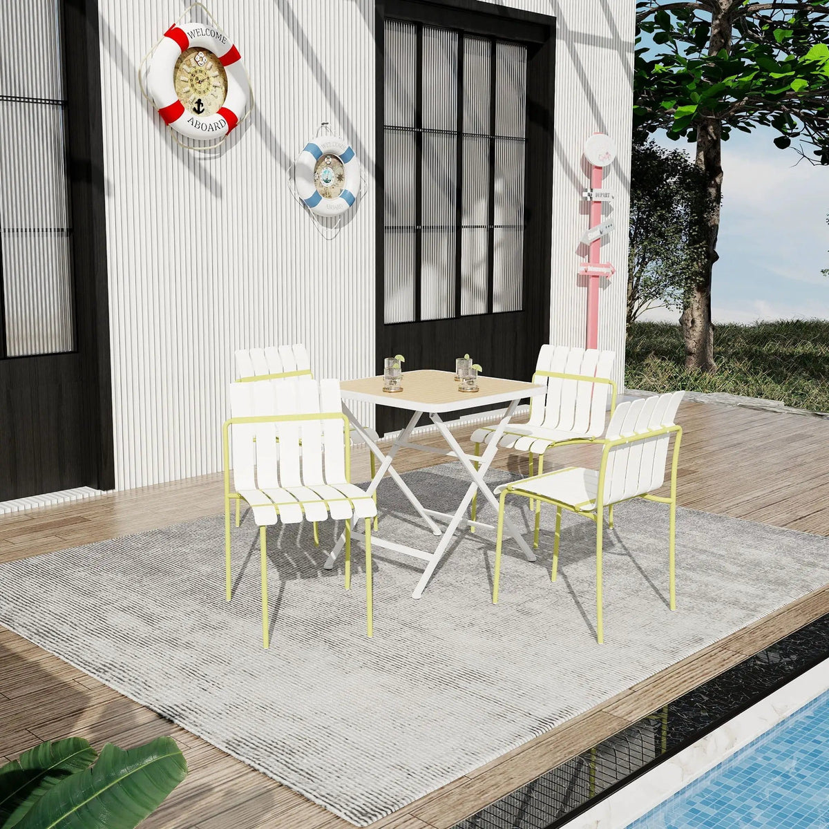 4 Piece Set Of Modern Color Block Designed Single Chairs With Folding Square Table | 4-Piece Set | Metal | Outdoor Living