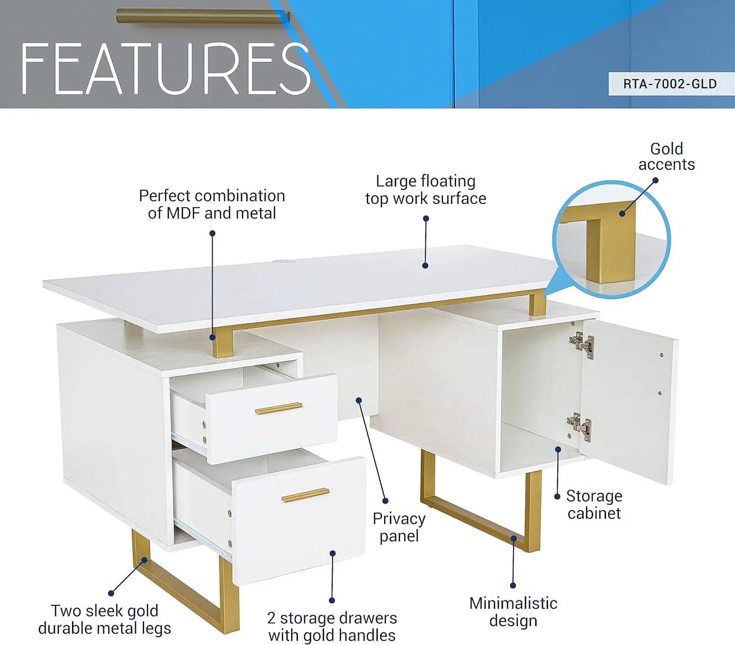 51 Inch White And Gold Desk With Storage Cabinet Drawers from PriceLows™