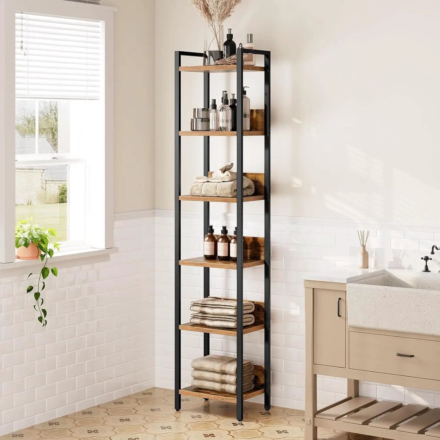 Six Tier Standing Bookcase In Rustic Brown And Black For Small Spaces from PriceLows™