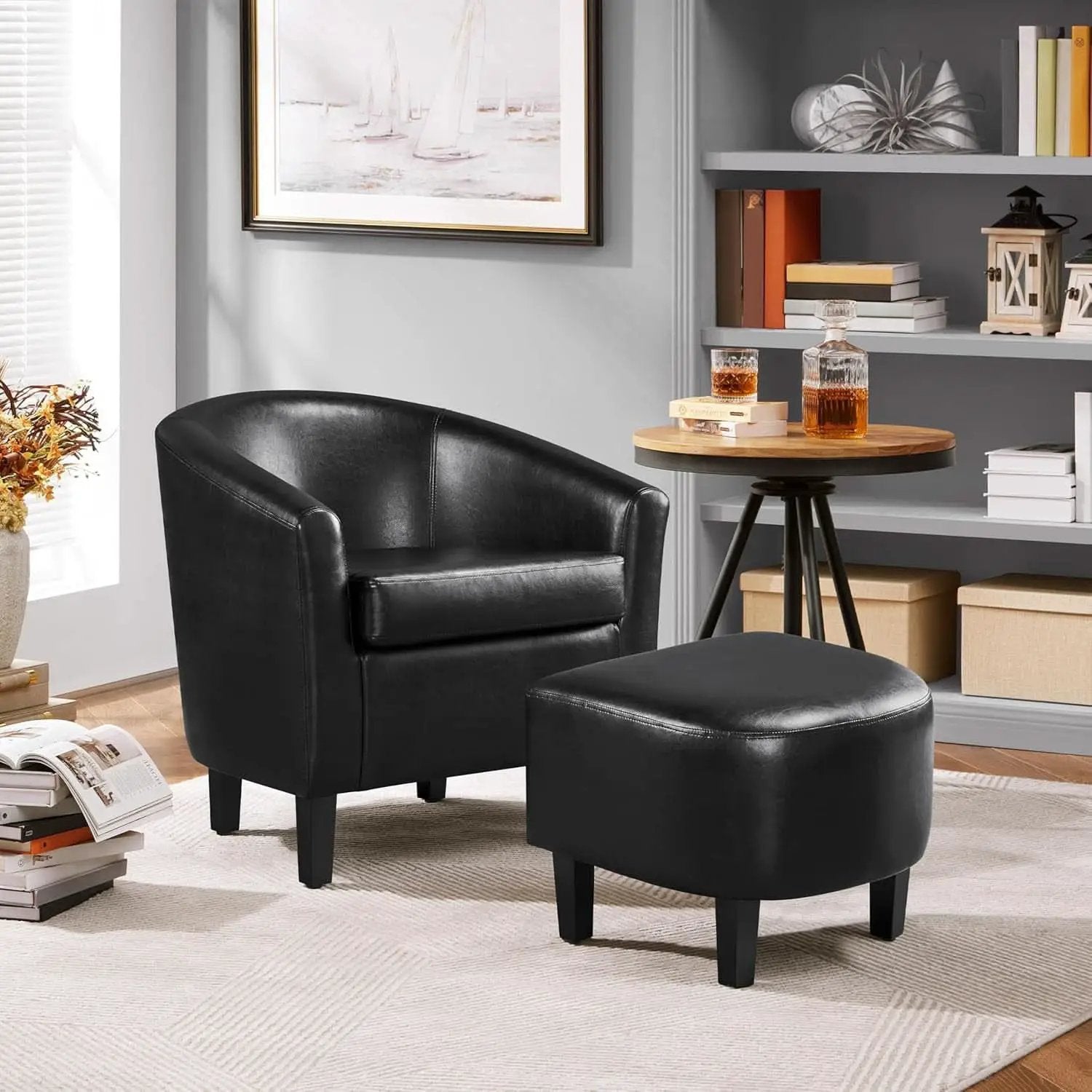 Modern Black Faux Leather Accent Chair With Ottoman Set from PriceLows™