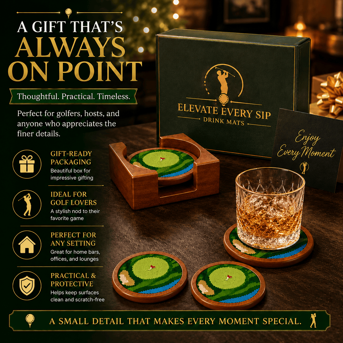 Golf Coasters, Durable Wooden Drink Coasters with Holder | Home Decor | Gift Ready