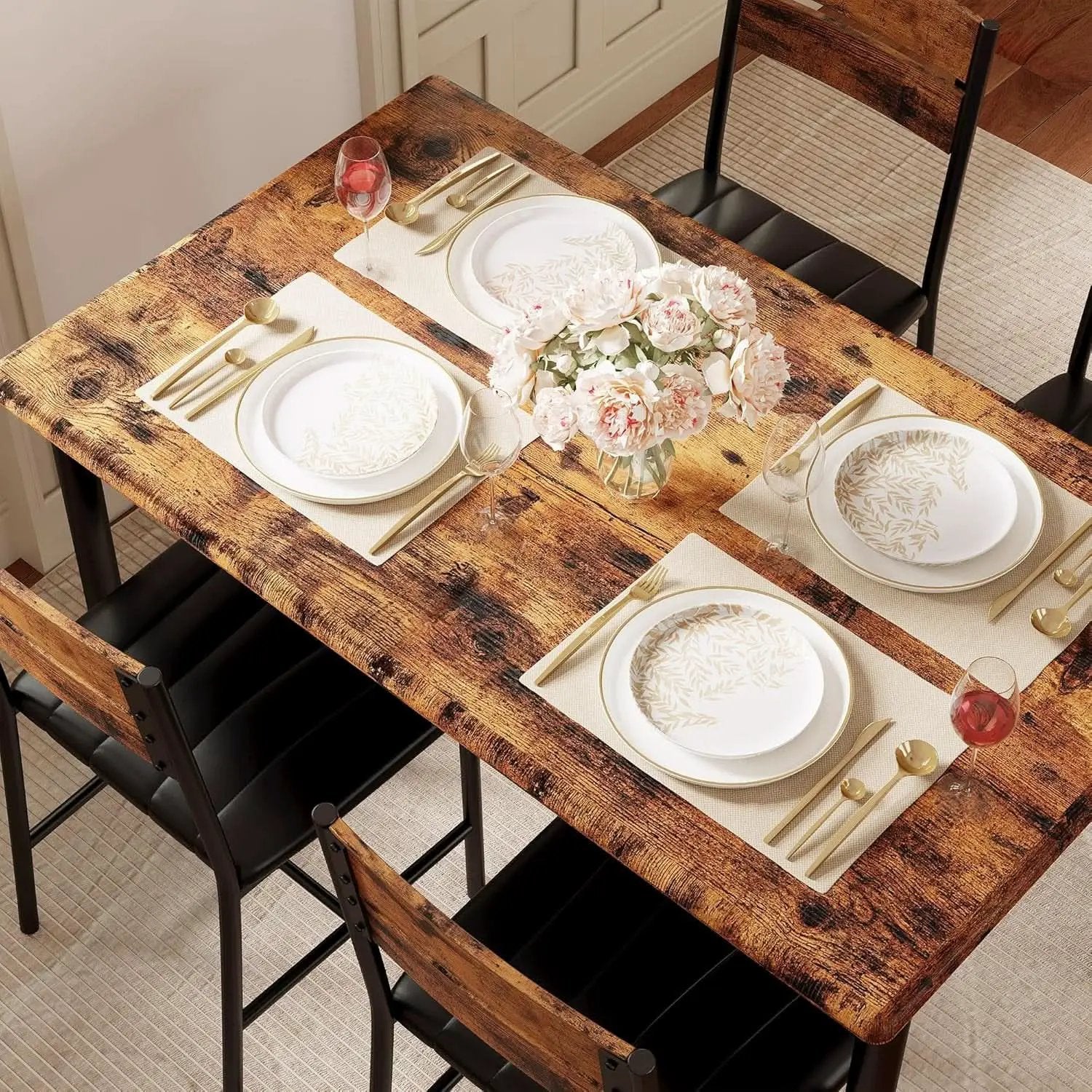 Dining Table Set For 4 Wood Kitchen Table With Upholstered Chairs Rustic Brown from PriceLows™