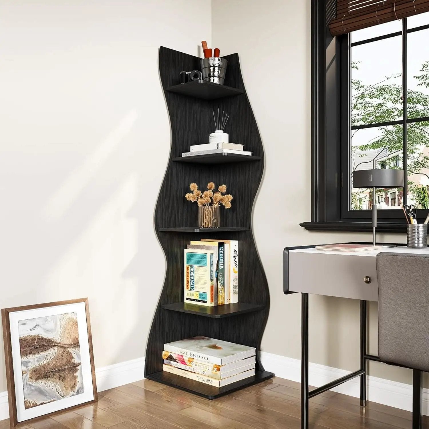 White 5 Tier Corner Shelf Wall Bookcase For Small Spaces from PriceLows™