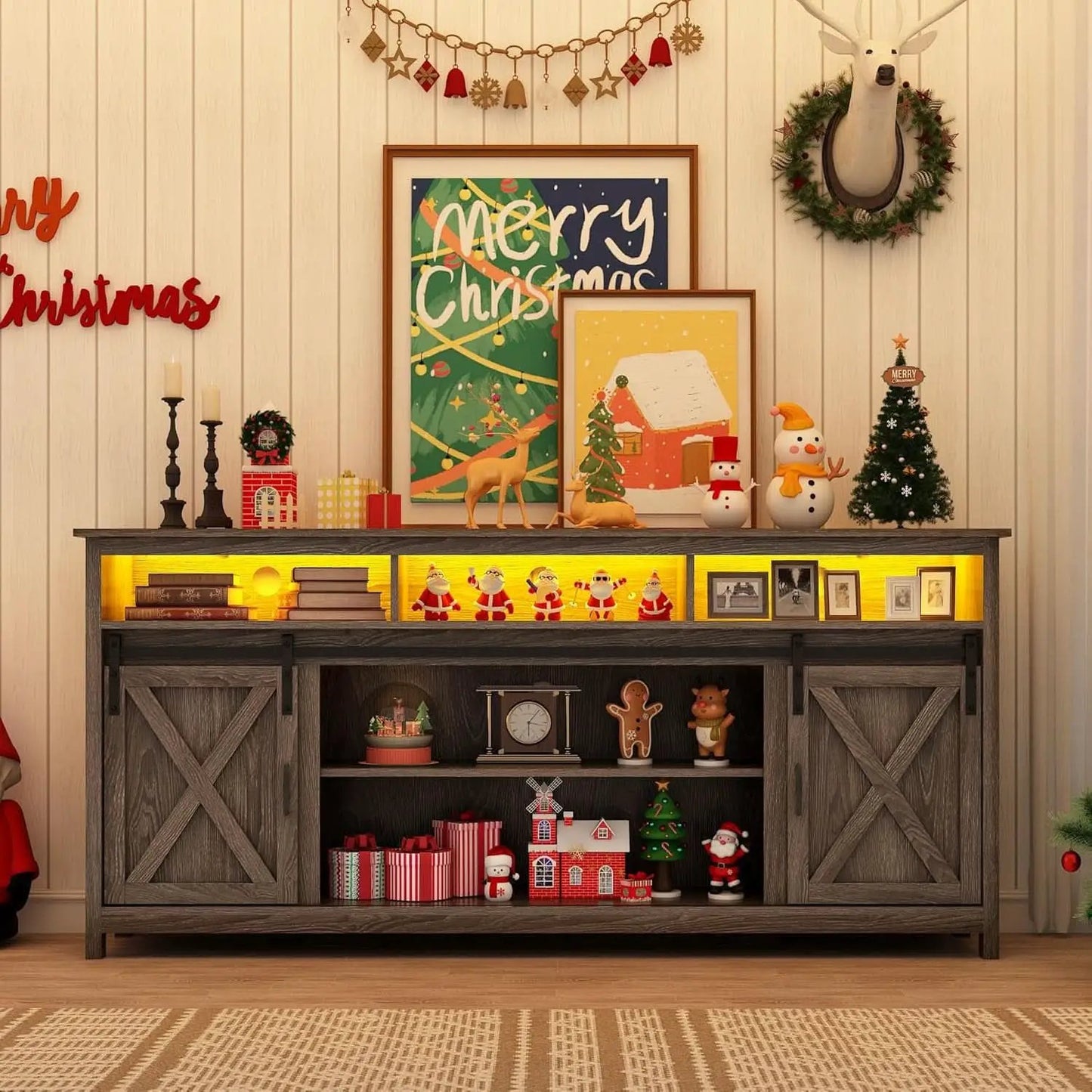 Wooden Farmhouse TV Stand 70 Inch With Double Storage from PriceLows™