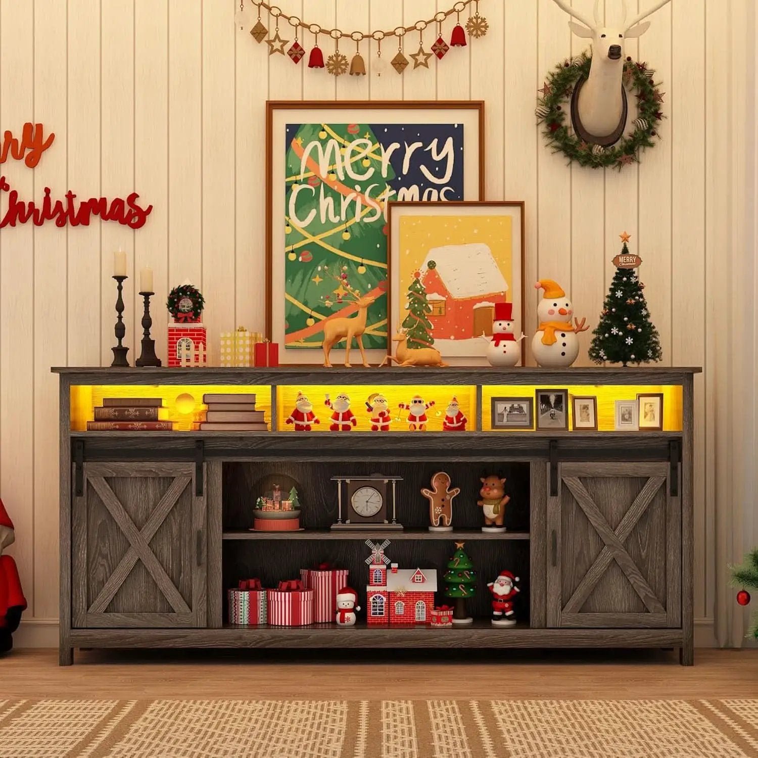 Wooden Farmhouse TV Stand 70 Inch With Double Storage from PriceLows™