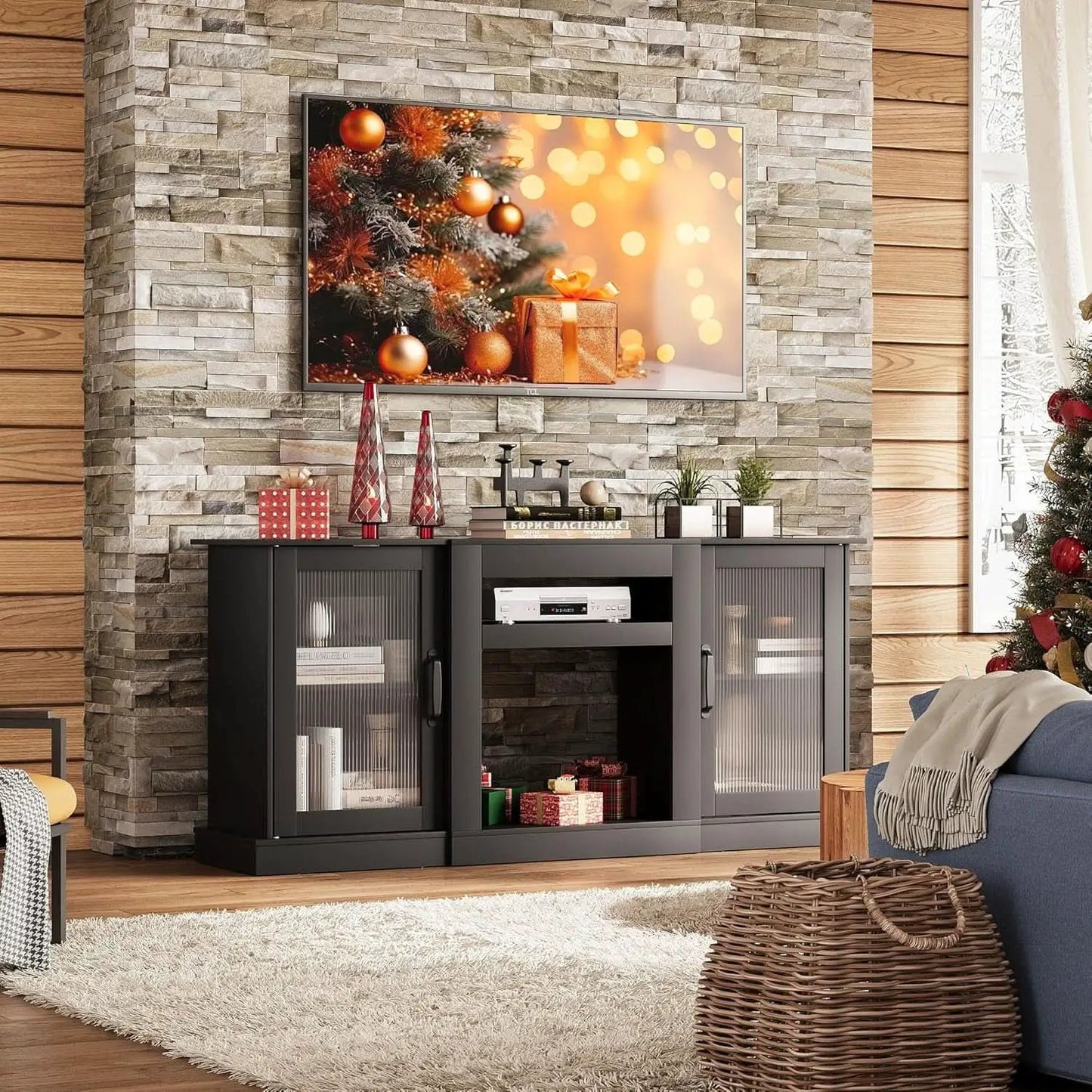 Retro TV Stand For 65 Inch TV With Storage And Open Shelves Black from PriceLows™
