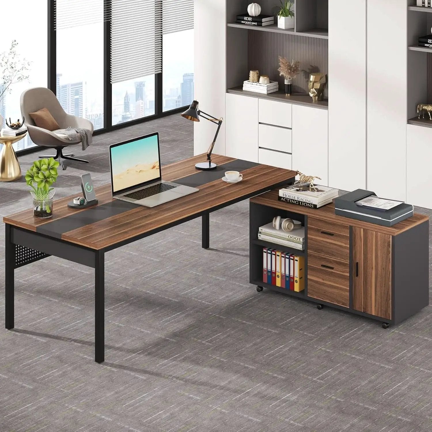 71 Inch Walnut Executive L Shaped Desk With File Cabinet from PriceLows™