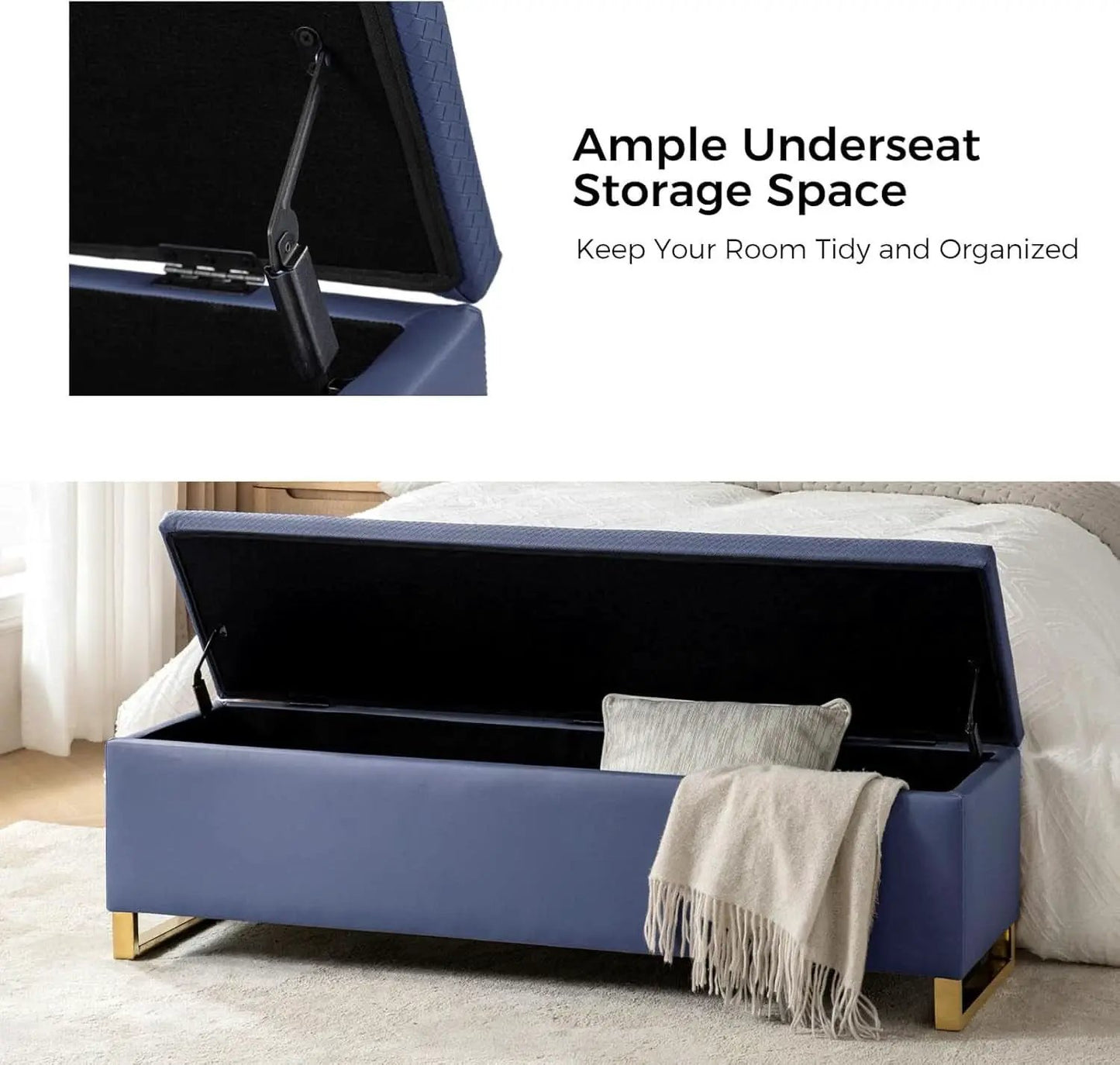Navy Upholstered Storage Ottoman Bench With Hideaway from PriceLows™