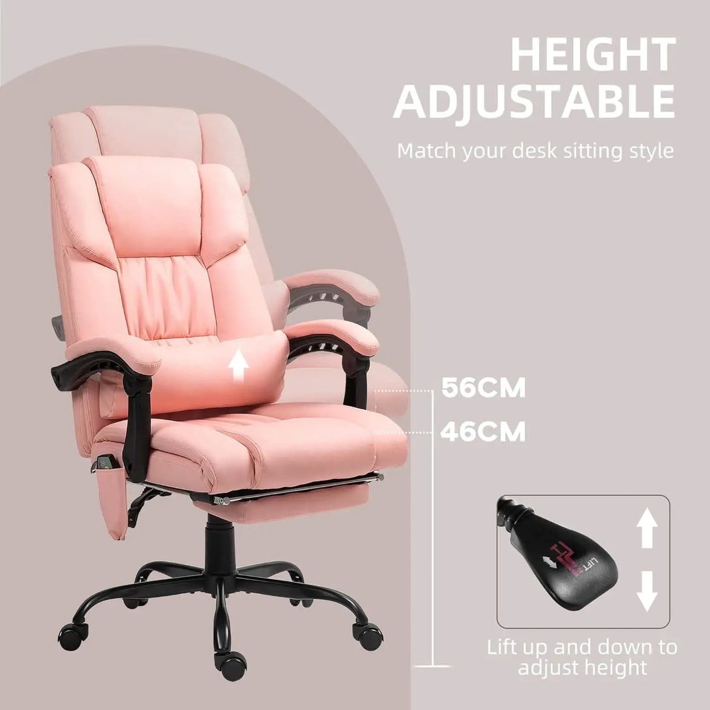 Pink Massage Office Chair With 6 Vibration Points Footrest from PriceLows™