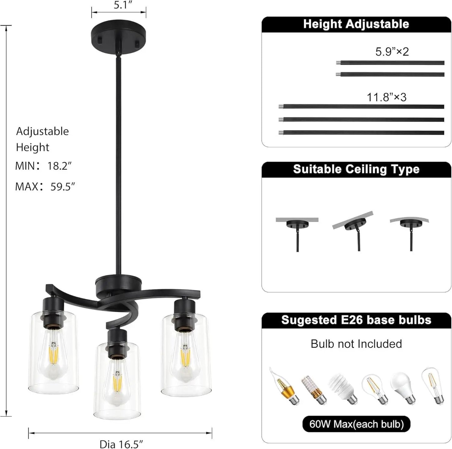 Three Light Black Dining Chandeliers For Kitchen Island from PriceLows™