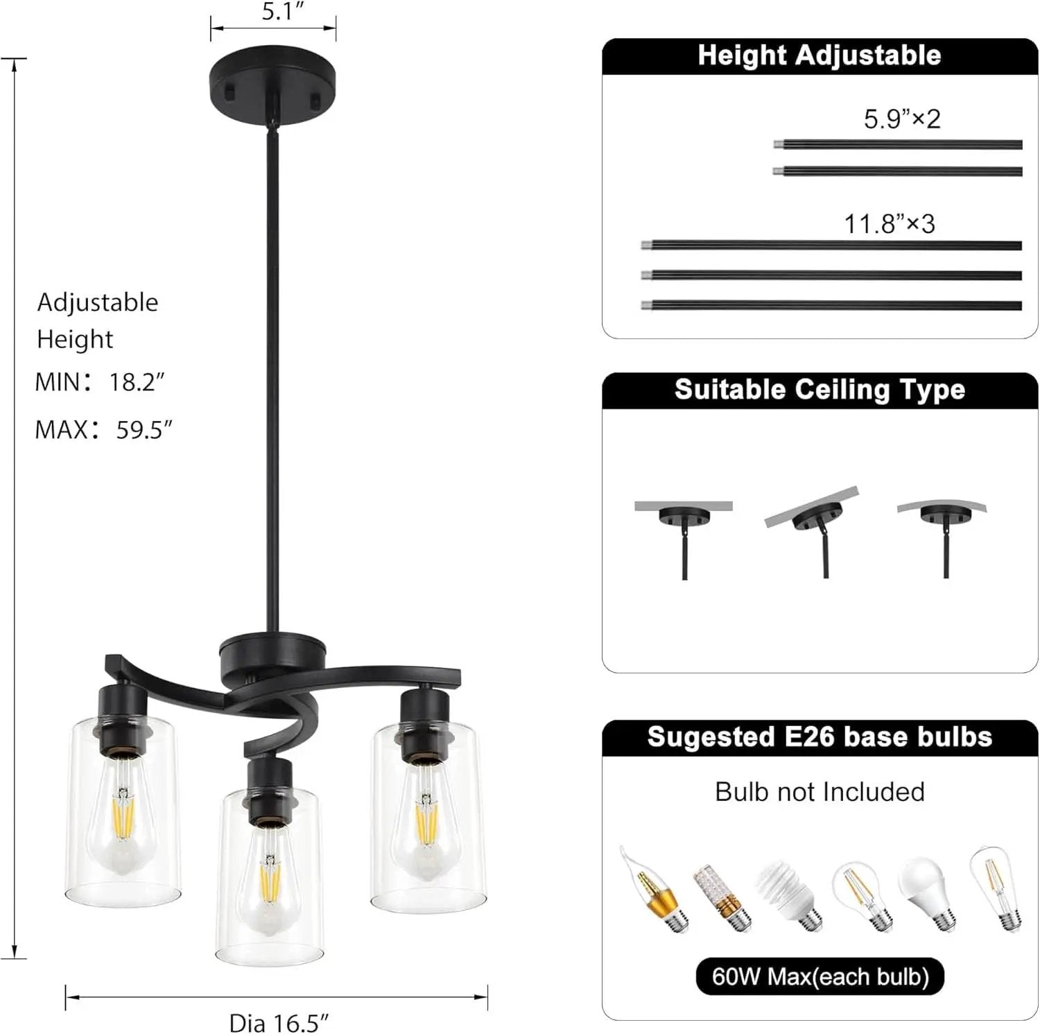 Three Light Black Dining Chandeliers For Kitchen Island from PriceLows™