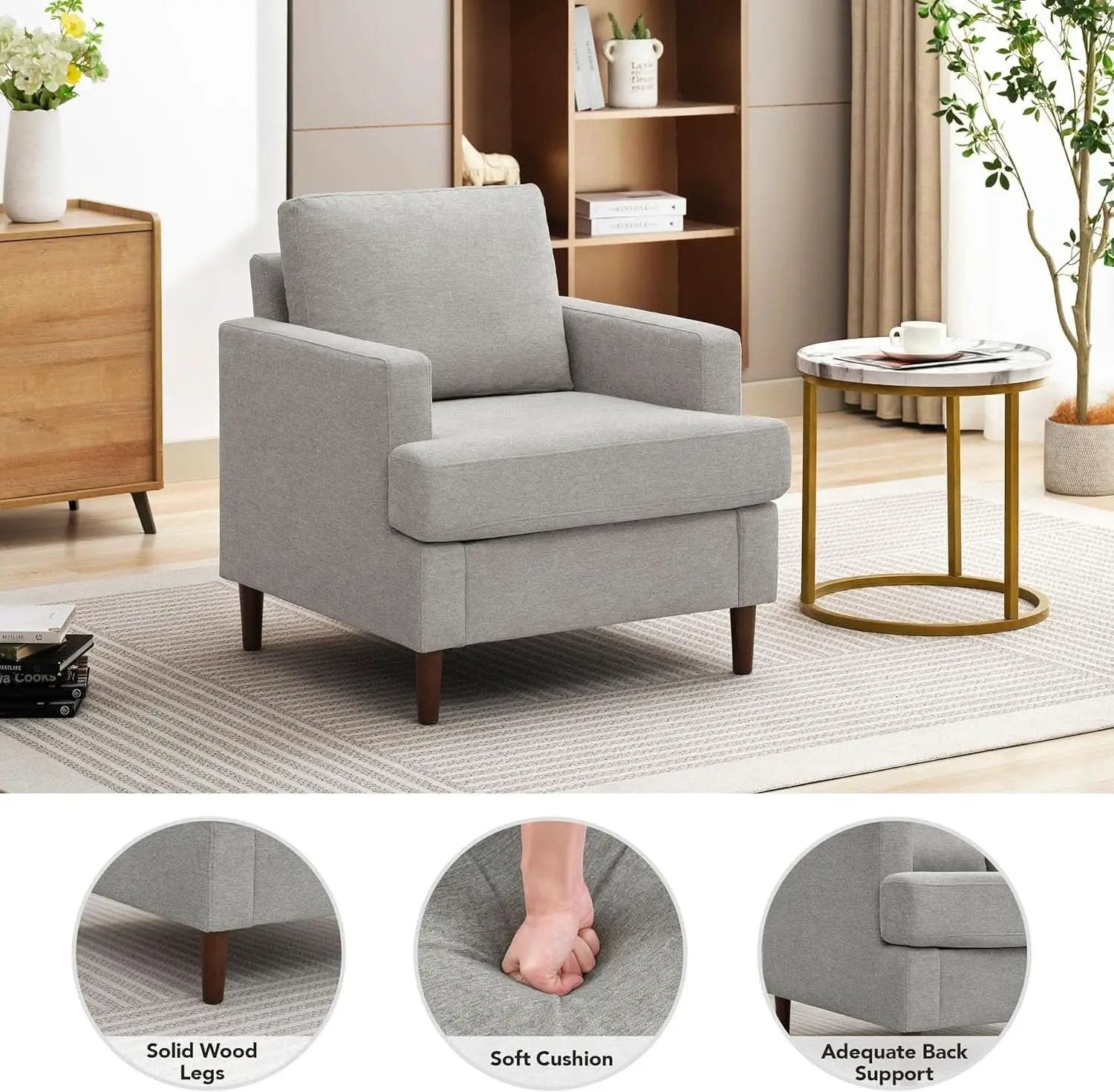 Mid Century Linen Grey Upholstered Accent Armchair from PriceLows™