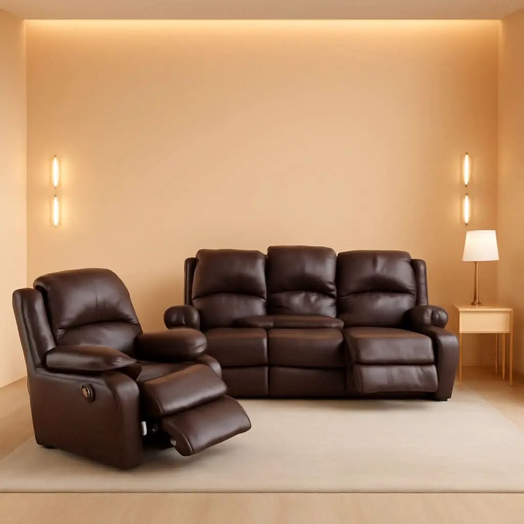 Manual Recliner Sofa Set Brown Three Piece Living Room Furniture from PriceLows™