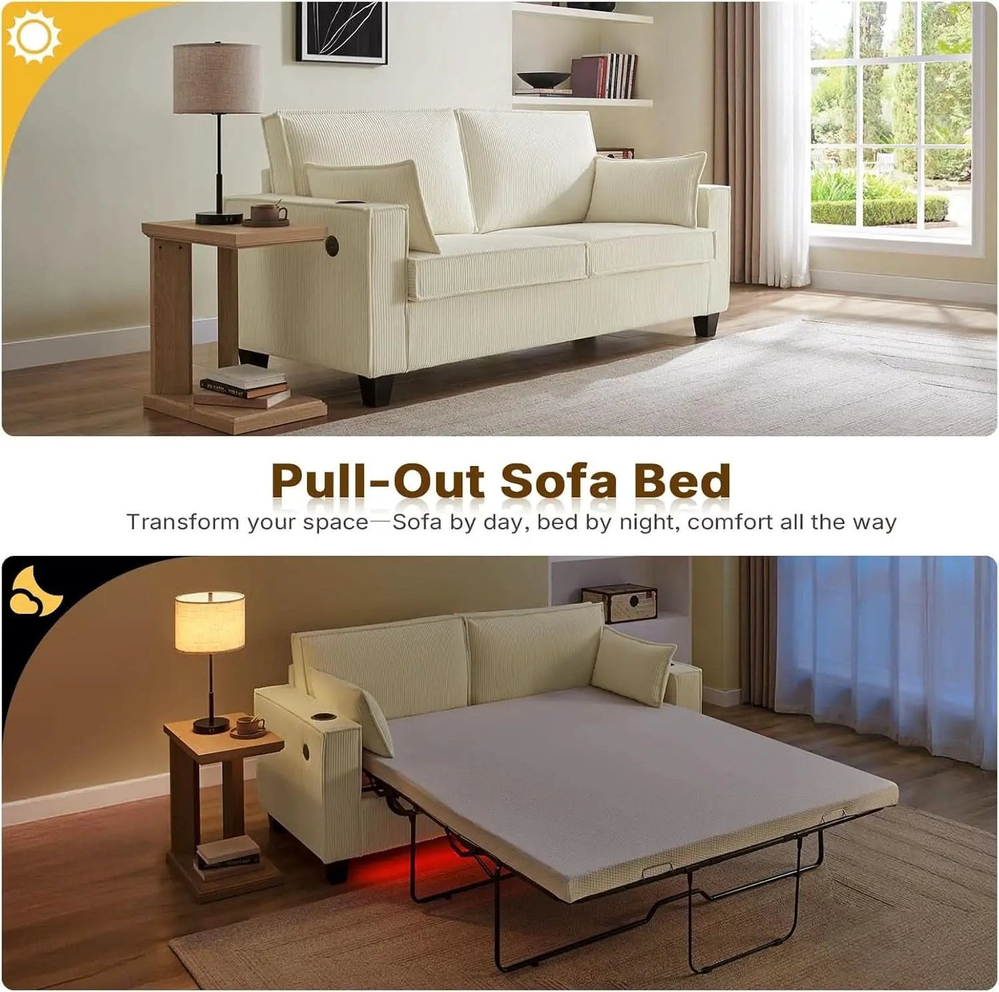 Beige 65-Inch Sleeper Sofa Bed, 2-in-1 Convertible from PriceLows™