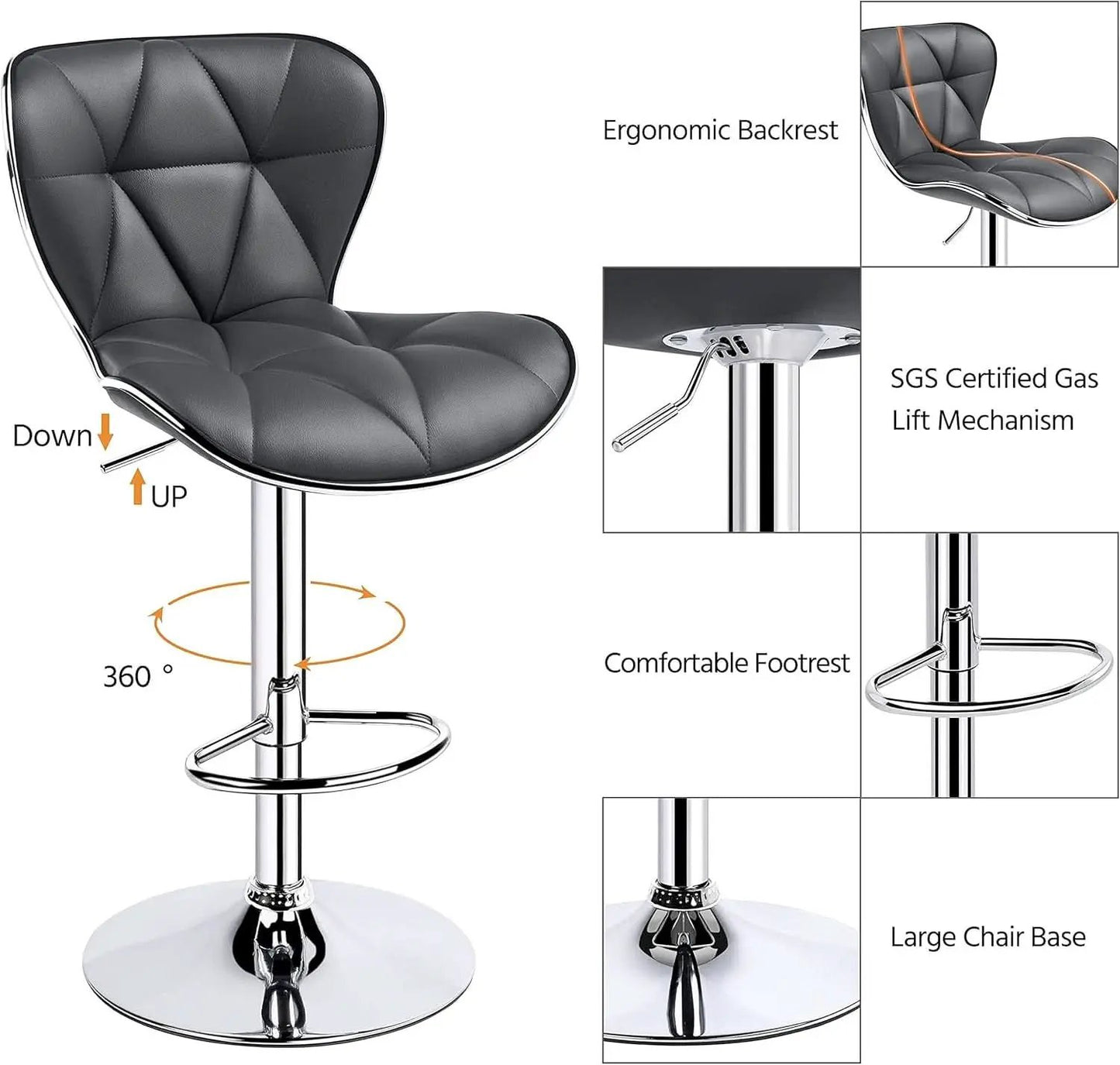 Grey Adjustable PU Leather Swivel Bar Stools Set of 2, Counter Height from PriceLows™