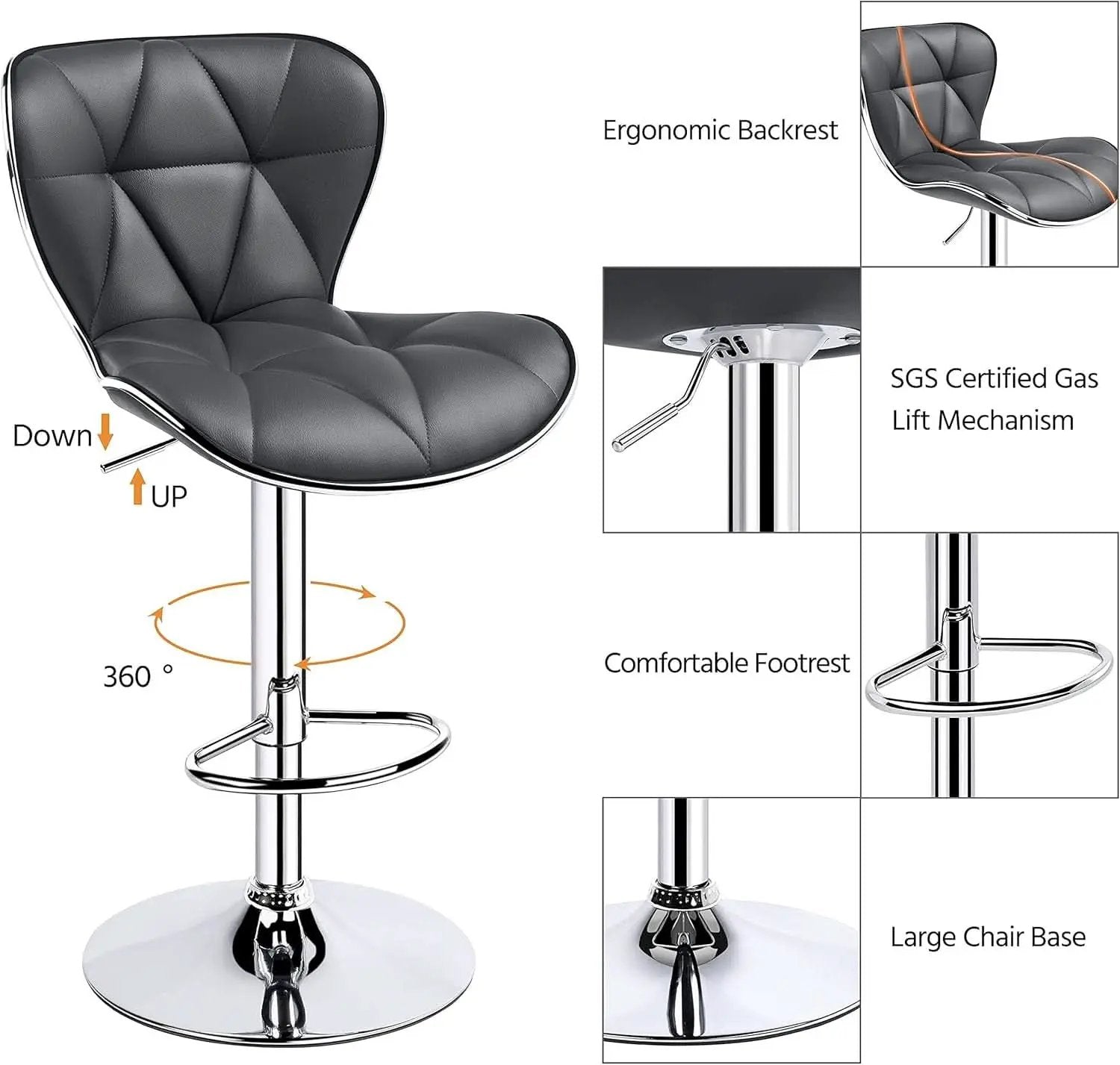 Grey Adjustable PU Leather Swivel Bar Stools Set of 2, Counter Height from PriceLows™