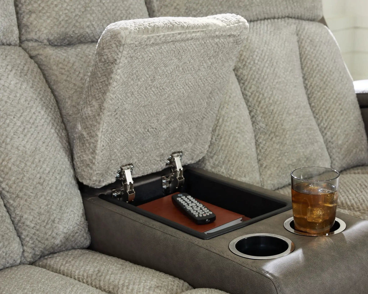 WhipLash Power Reclining Loveseat With Console / Adj Headrest | 76 x 39 x 43 in | Faux Leather & Polyester | Sisal