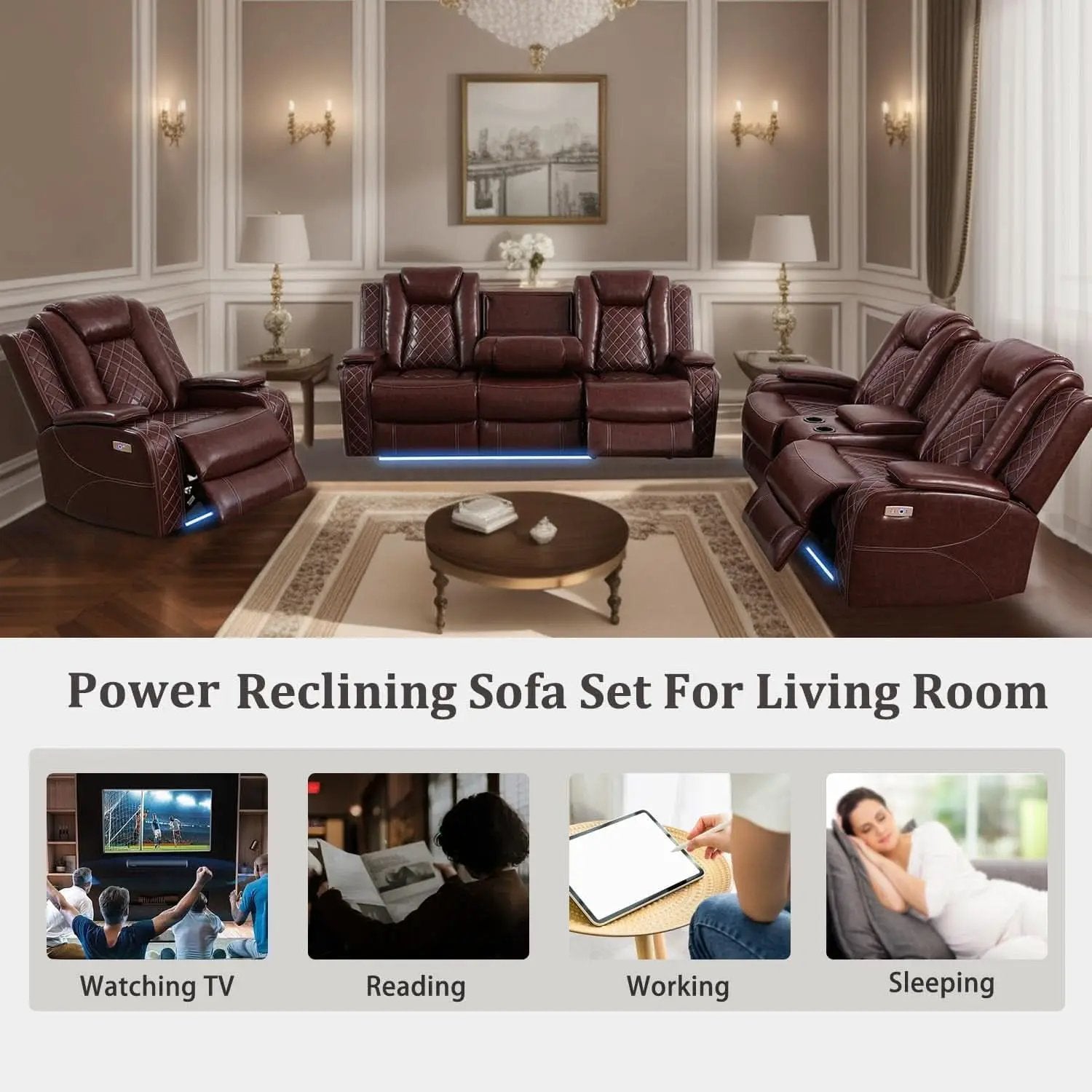 Power Reclining Leather Sofa Set With USB Ports Burgundy from PriceLows™