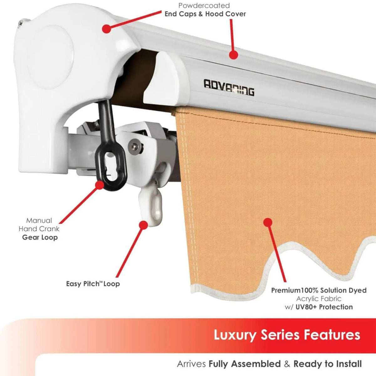 Retractable Sun Shade Awning | Advaning Luxury Series | 316 Stainless Steel Cables | Solution-Dyed Acrylic