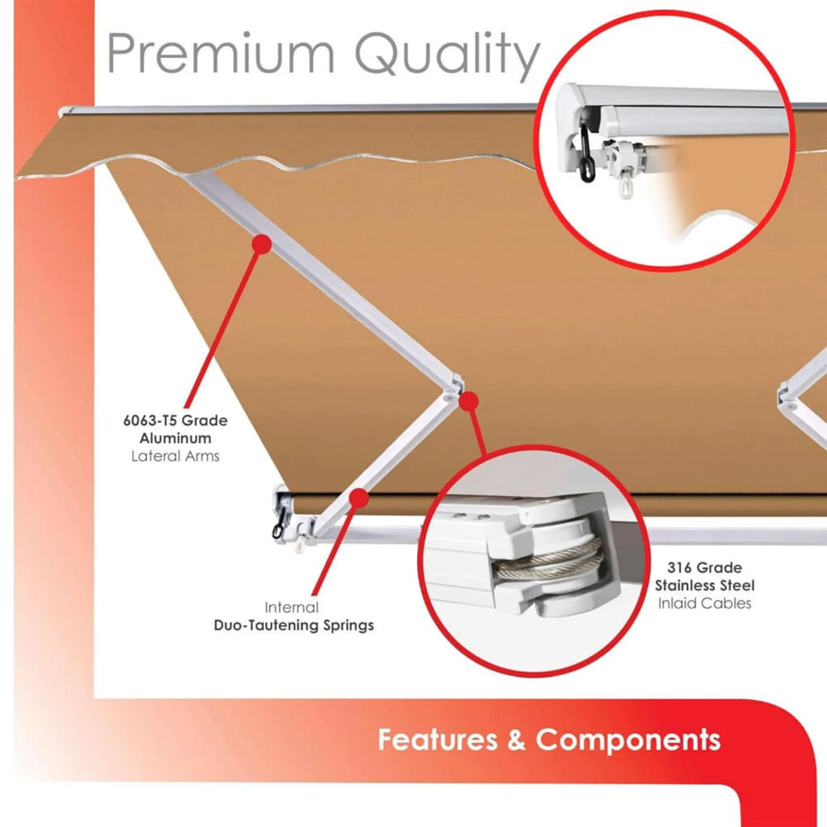 Retractable Sun Shade Awning | Advaning Luxury Series | 316 Stainless Steel Cables | Solution-Dyed Acrylic