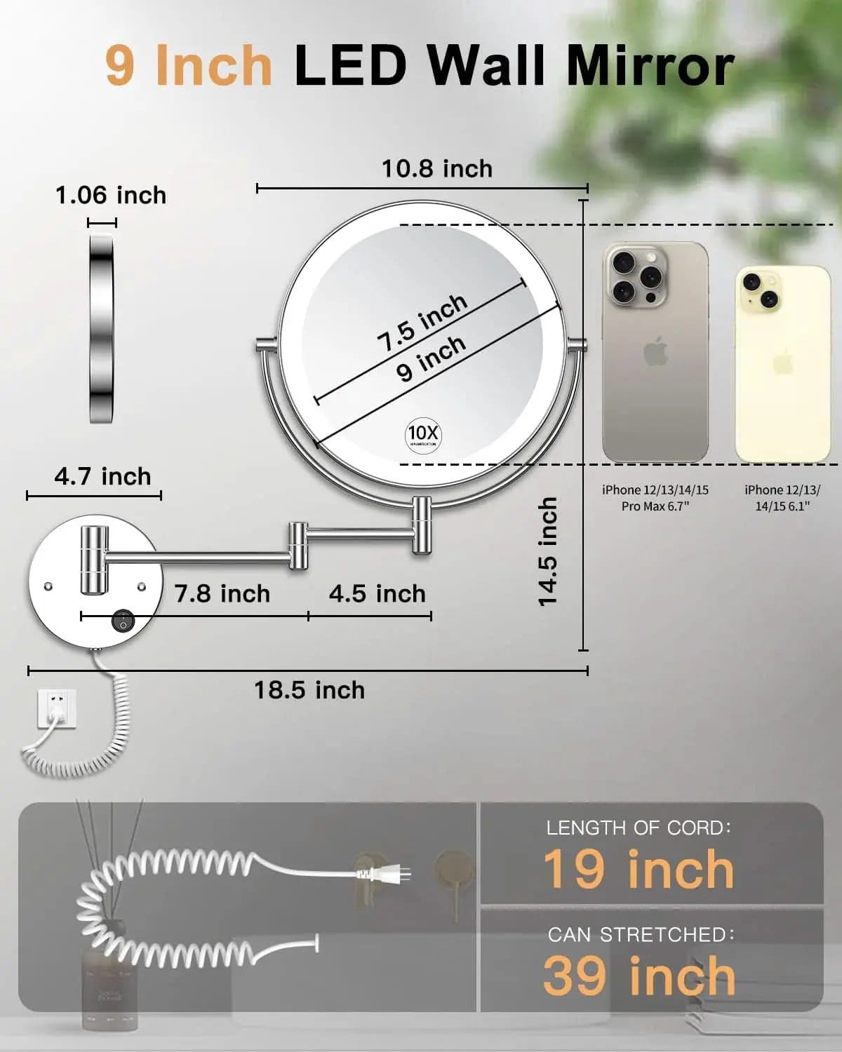 9 Inch Wall Mounted Lighted Magnifying Mirror 1X 10X LED from PriceLows™