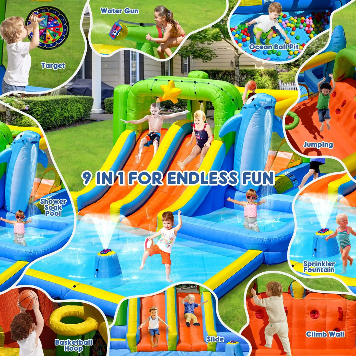 9-In-1 Inflatable Bounce House | Pool Sprinkler And Water Gun | Continuous Inflation System | Water Park Play Center