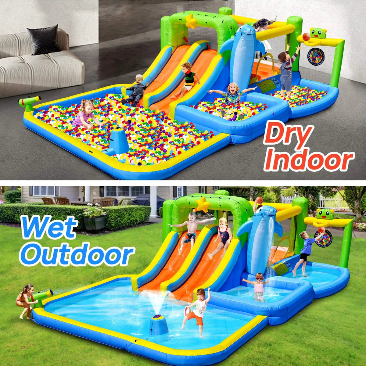 9-In-1 Inflatable Bounce House | Pool Sprinkler And Water Gun | Continuous Inflation System | Water Park Play Center